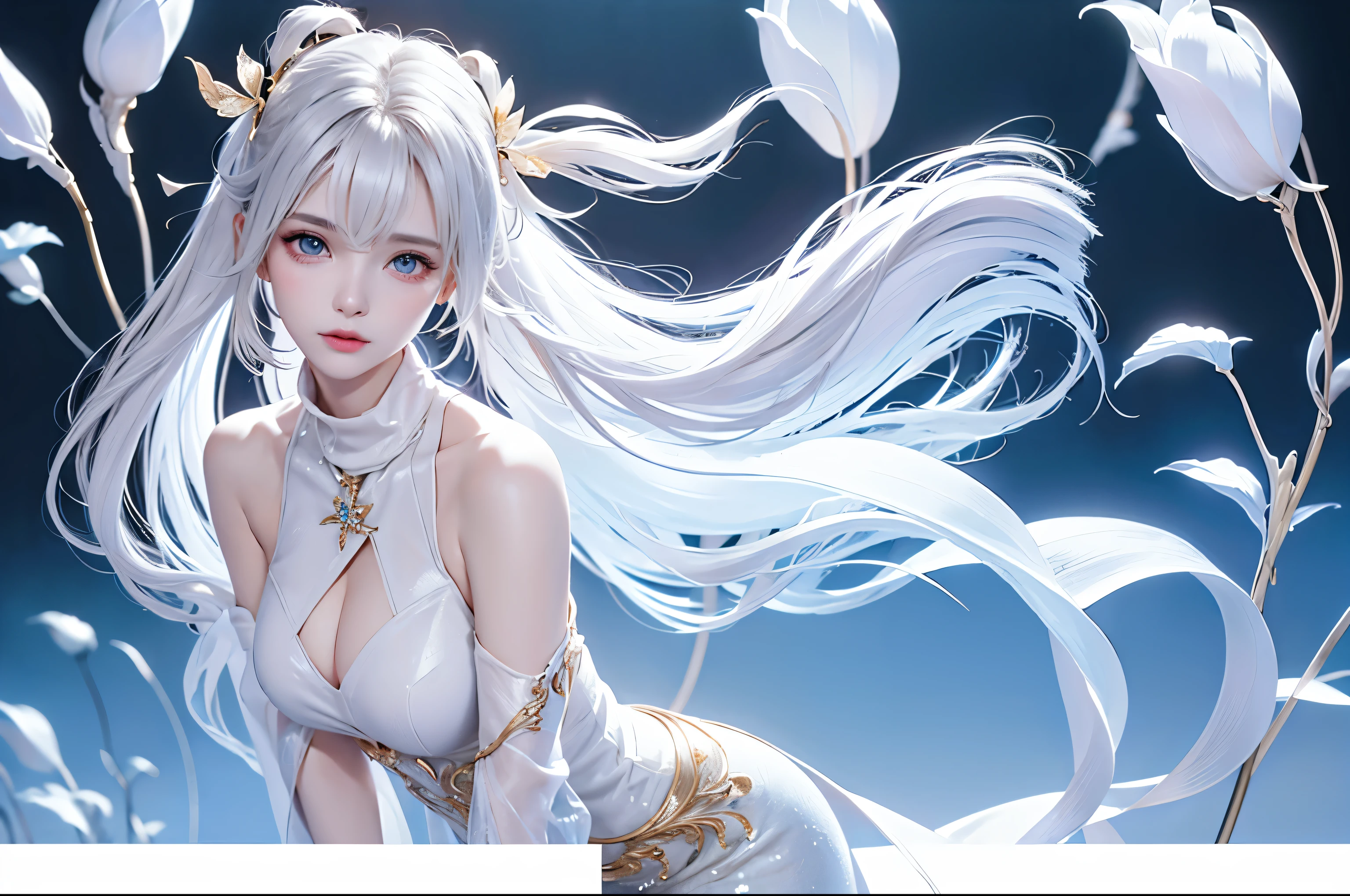 ((Full body image))((masterpiece:1.5、8k、Portraiture、Photorealistic and very detailed CG、Very detailed、Particle Effects、Dynamic Effects、Written boundary depth、Cinematic Light、Lens flare、Ray Tracing、Tabletop、Realistic:1.4、超A high resolution:1.2、Realistic、Realistic))((alone、,Woman in turtleneck dress:1.4、Model-like pose:、Side bust、Ample breasts、Detailed face、brightexpression、young, bright, Whiter skin、Best Looks、Ultimate beauty、White hair with shiny highlights:1.8、bright and shiny hair,、Super long, Silky straight hair、Hair swaying in the wind))(Wonderful transparent flower々Surrounded by、White Background、Great background、Thin petals fluttering down)