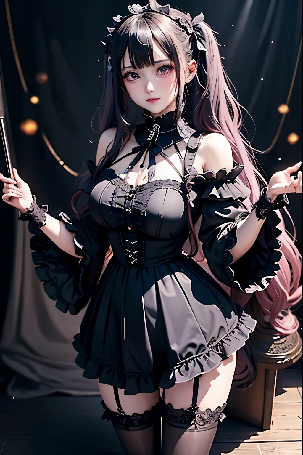 ハードDark Gothicメイク、Deep Night Sky、Horror、Black dark eyeshadow、cry、sad、Good skin radiance、Dark Gothicメイク、Dark smile、palace、The beauty of fragrance、24-years-old、Expressions of intense sexual pleasure、Embarrassed look、Dark Gothic、Obscene language、highest quality、Drunk face、紫のMaid clothes、Mysterious、Noble、sexy、Loving smile、Twin tail hair、Right blue eye, Left eye is red、Platform Heel Shoes、Heavy makeup、Gothic Lolita Clothing、A little slimmer、Silver Hair、Long Hair Straight Hair、Cute Gothic Lolita Dress、Beautiful Face、elegant features、Fascinating face、Stained glassが背景、Chest glistening with sweat、The room is dark、goth long dress、Bell Sleeves、Wizard Sleeve、Decadent look、Sexually excited expression、Glossy thighs wet with water、Thighs that are wet and shiny with oil、Background of a room full of roses、sad表情、Rose Maiden、The embroidery is pink、The dress has pink embroidery、Thigh-high socks、Knee-high socks、Gentle expression、Dark black eyeshadow、Stained glassと薔薇背景、Female Duo、Female couple、dark church background、Stained glass、Black metal world、Dark Castle、Dark Room、Slender body、upright、walk、Are standing、gothic long dresaid clothes、Victorian dresses、Her thighs glisten with sweat、My body is wet and shiny、Lots of glitter on the thighs、sweating、My thighs are sticky from sweating、Sweat glistens on the thighs, The whole body is sweaty and shiny、Quite sweaty、My thighs are sweaty、My thighs are so wet、My thighs are shining with sweat、A lot of sweat glistens all over the body、The thighs are the best、Thighs are glamorous、Small breasts、Playing guitar、Singing while playing the guitar、les paul guitar、Holding a guitar、Playing in a band、Playing guitar chords、
