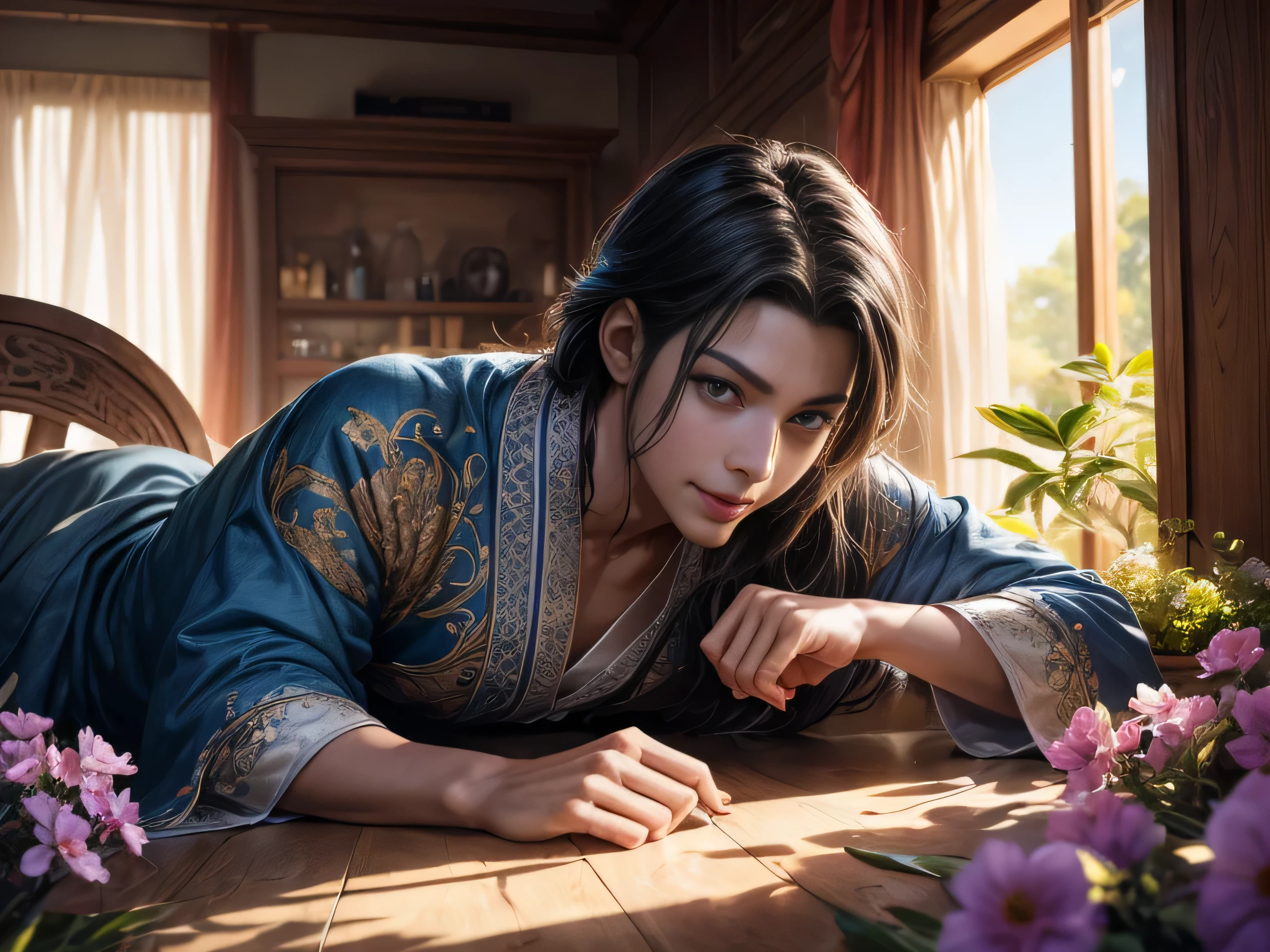 (Best Quality, 8K, Masterpiece, HDR, Soft Lighting, Picture Perfect, Realistic, Vivid), Garden with blue and pink flowers, a handsome man is lying on the grass, a fox girl is lying on his chest, he has a beautiful blue eye color and a kind smile , black hair, he has a naked torso with a perfect body, his clothes are Tang Dynasty style, man, cute man, blue eyes, smile (ultra high quality fantasy art, majestic fantasy style), masterpiece, ultra high quality male character design, anime art in 8k resolution, realistic anime art, highest quality wallpaper illustration, detailed ultra high quality accurate male character face, high quality design and accurate physics, male character) (ultra high quality fantasy art, dark fantasy style), masterpiece, ultra high quality characters, anime with -8k resolution, realistic anime art, highest quality wallpaper illustration, ultra high facial detail, high quality design and accurate physics), color difference, depth of field, dramatic shadows, ray tracing, high quality and detailed computer wallpapers in 8K resolution. (Accurate simulation of the interaction of light and material)], [Visual art that conveys the meaning of history]