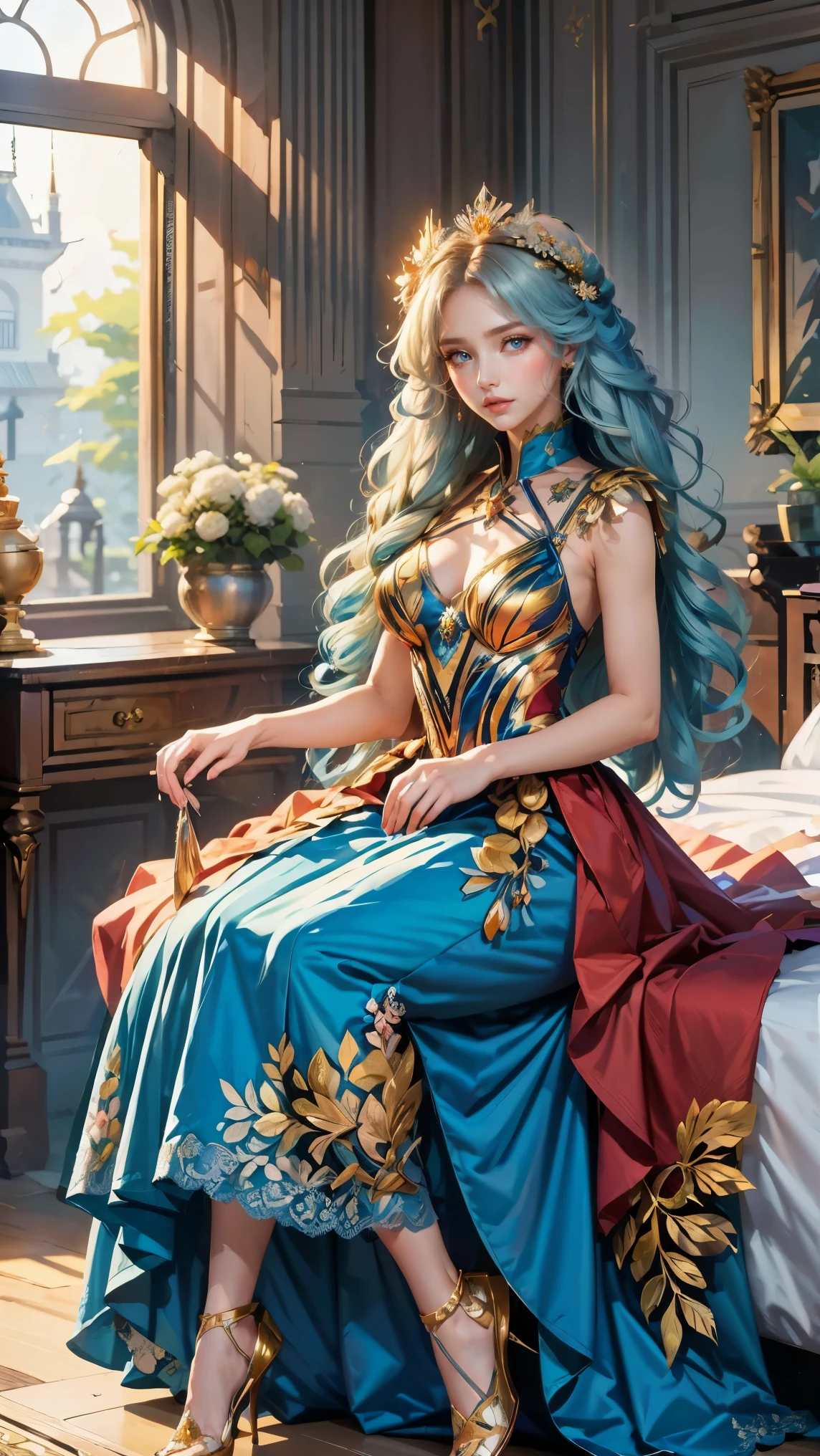 Best quality, masterpiece, ultra high res, raw photo, beautiful and aesthetic, deep shadow, fairy theme,(ultra detailed:1.3),
1girl, sitting pose, flower headdress, drill hair, long hair, blonde hair, gradient hair, yellow eyes, solo, huge breasts, big hair, blue hair, divine goddess, looking at viewer, indoors, queen bedroom, empress bed, room full of curtain, astraea, full body, red dress, idol dress, transparant dress,