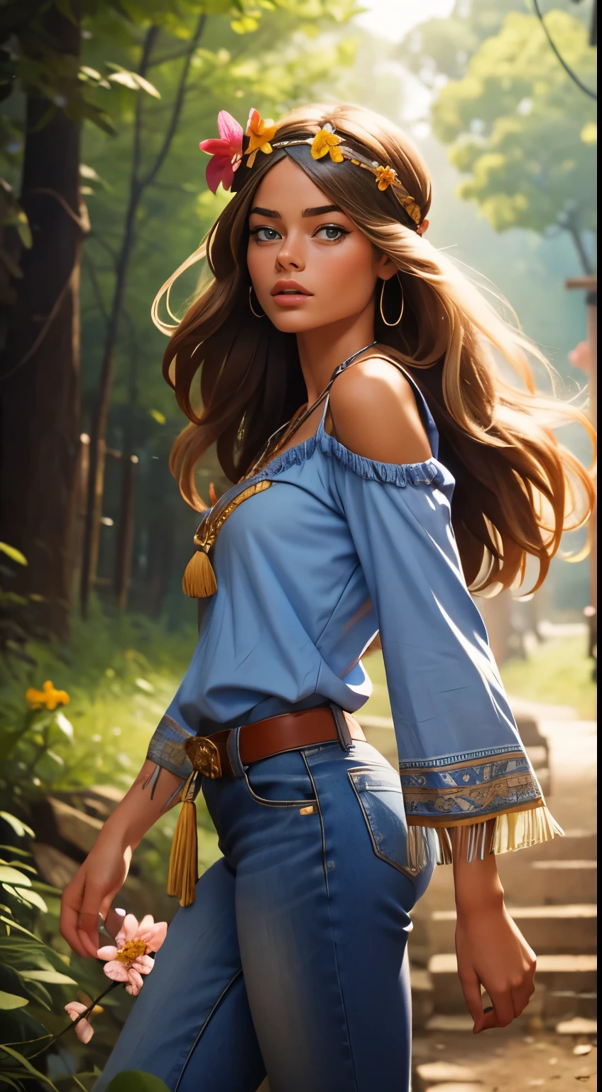 RAW photo of 20 years old Doutzen Kroes, dressed in blue peasant blouse paired with bell-bottom jeans and fringe accessories. She wears a headband or flower crown in her long, flowing hair. The setting is a bohemian-inspired outdoor music festival or a peaceful nature backdrop, capturing the free-spirited and laid-back vibe of the era 60Retro69Punch75, beautiful woman looking back over her shoulder as she lends lightly forward with her exposing her gapped asshole with some cum leaking out of it