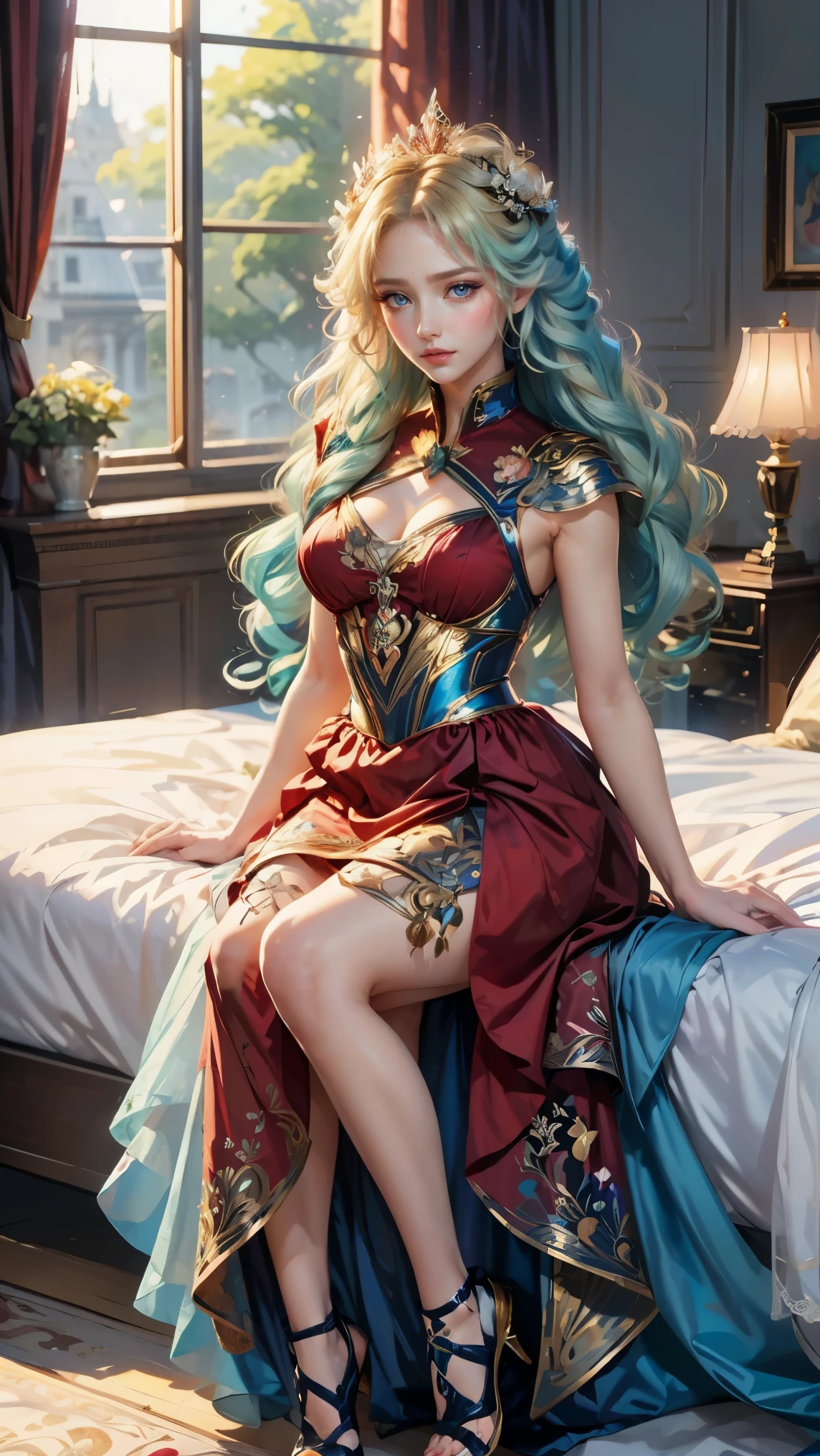 Best quality, masterpiece, ultra high res, raw photo, beautiful and aesthetic, deep shadow, fairy theme,(ultra detailed:1.3),
1girl, sexy pose, flower headdress, drill hair, long hair, blonde hair, gradient hair, yellow eyes, solo, huge breasts, big hair, blue hair, divine goddess, looking at viewer, indoors, queen bedroom, empress bed, room full of curtain, astraea, full body, red dress, idol dress, transparant dress,