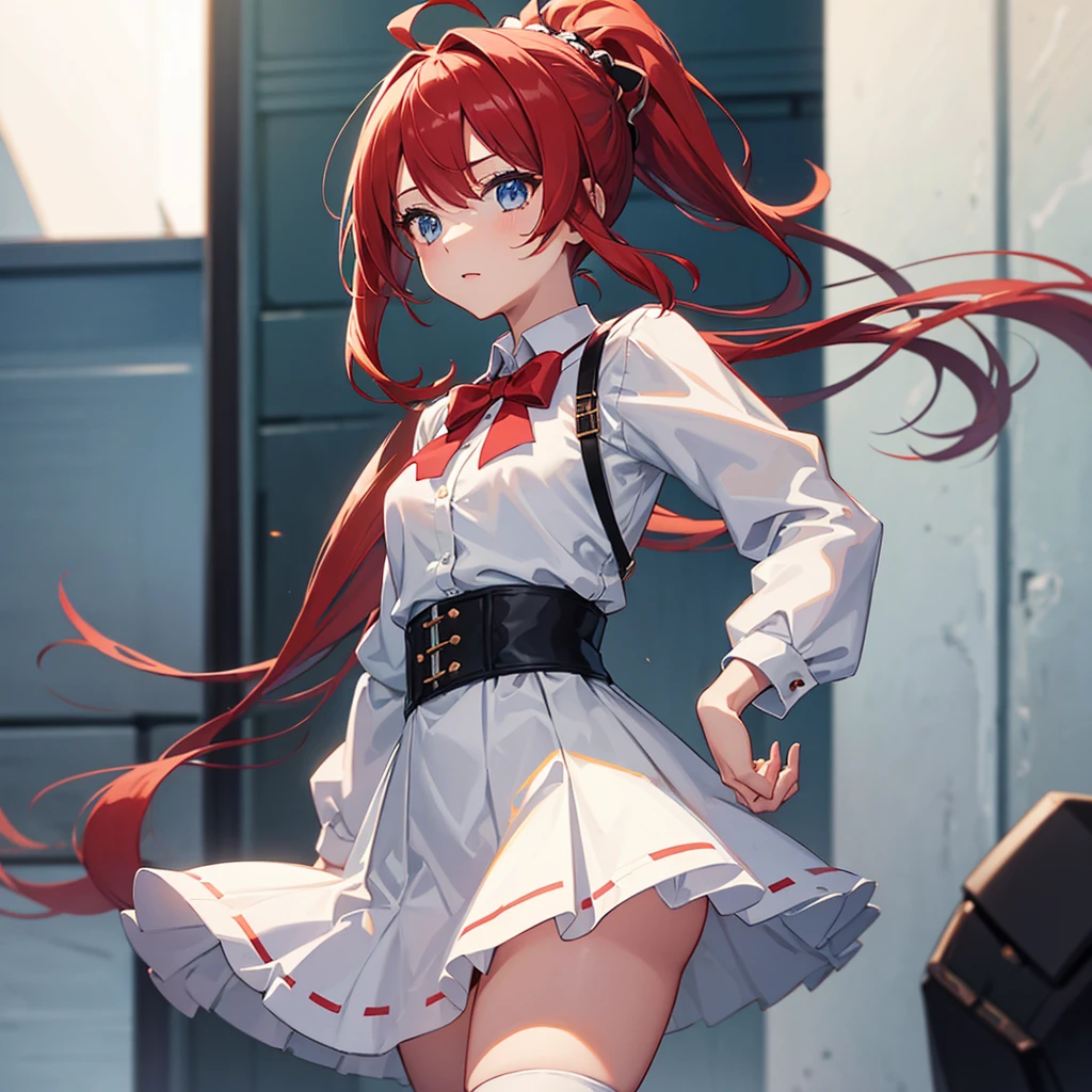 1girl, solo,Ponytail,Red Hair,MASHIROIRO SYMPHONY, INUI SANA,Showing the panties,masterpiece,best quality,highres,ultra-detailed,inui sana,blue eyes,long hair,red hair,high ponytail,ahoge,braid,hair between eyes,bangs,hair bow,neck ribbon,long sleeves,white jacket,collared shirt,juliet sleeves,white skirt,(black socks:1.2)