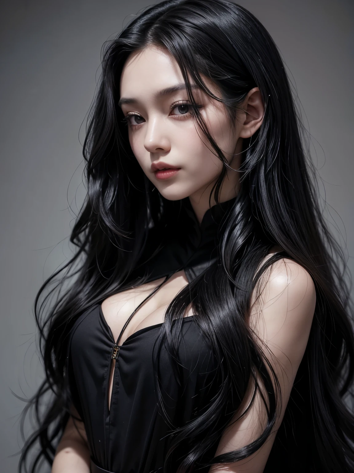 a close up of a woman with long black hair wearing a black dress, cruel korean goth girl, wavy long black hair, long thin black hair, wavy long - length black hair, long flowing black hair, long wavy black hair, flowing black hair, with long black hair, long flowing dark hair, elaborate long black hairstyle, very long flowing dark hair