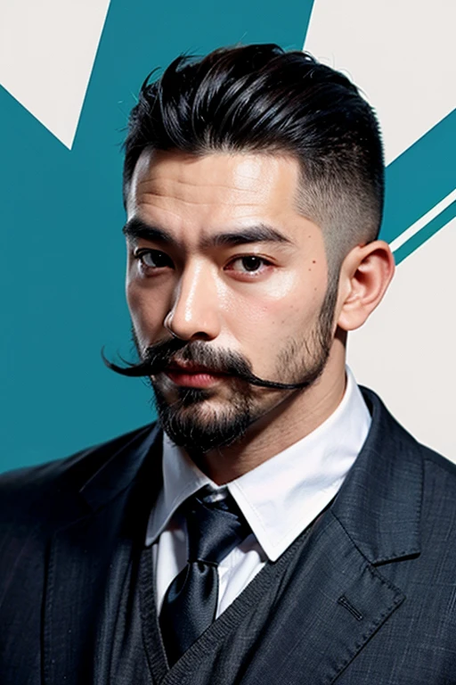 um homem com bigode castanho e terno bege, with Asian traits, wide-eyed and with a head shaved on the sides