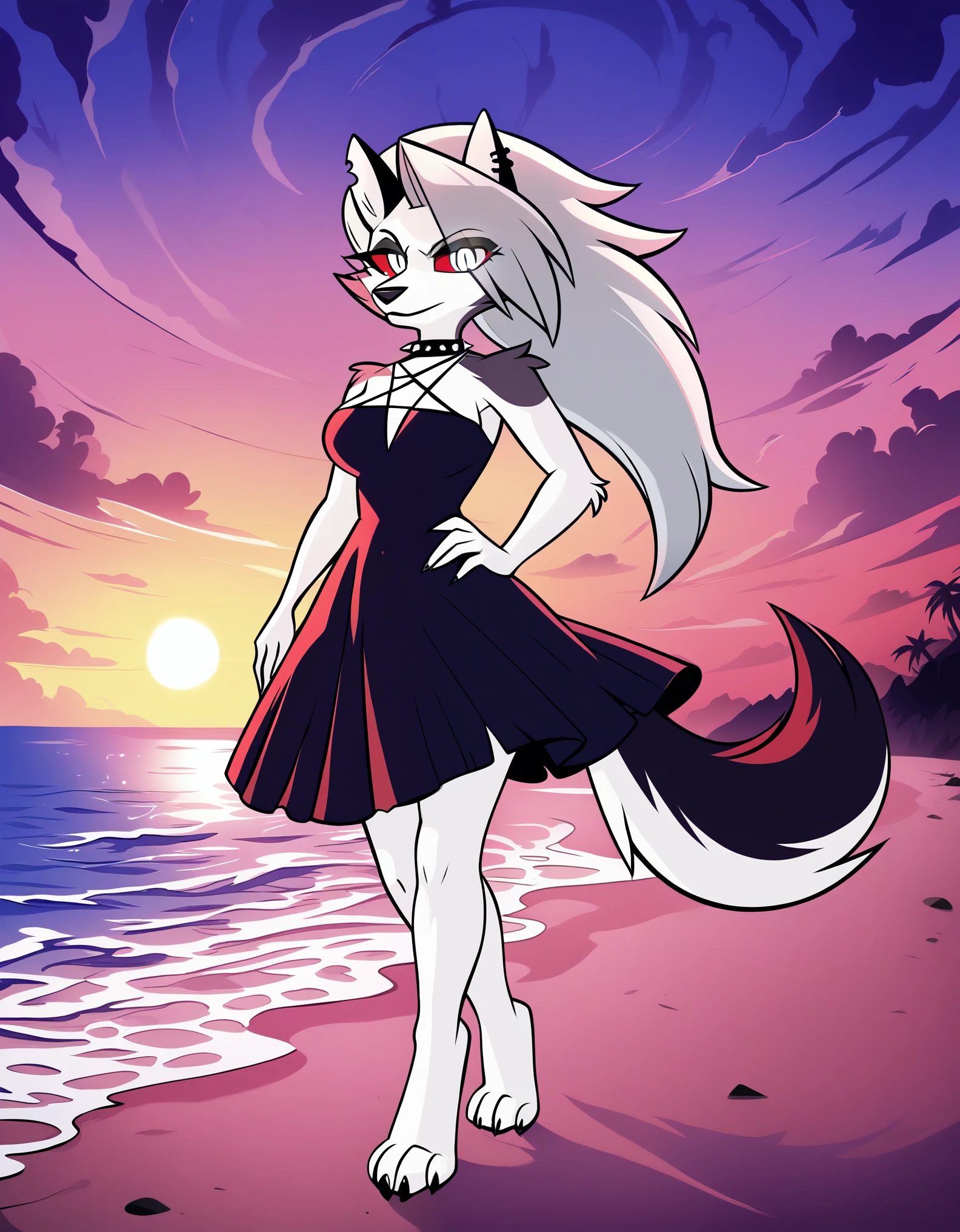 safe content, by vivzmind, mammal, canid, canid demon, demon, canine, monster, anthro, female, fur, solo, hair, white body, white fur, helluva boss,  hellhound, loona, red sclera, dress, white eyes, official art, beach, sunset