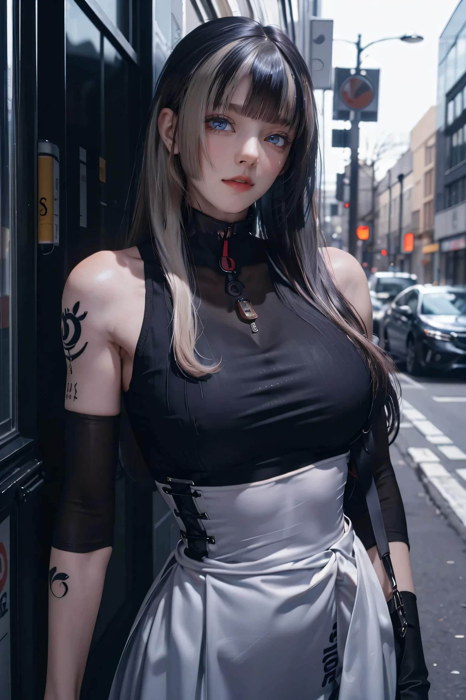 One Girl, White skin, Long Hair, Techwear masterpiece, highest quality, Realistic, Dark purple jacket, Portraiture, fine grain, Platinum Hair, 21 year old girl, Fashion pose, Half Body, Wide Shot, on the road, cyber punk,(((He has many tattoos all over his body)), (((Tight waist))), ((Big Breasts)),(See-through),panties