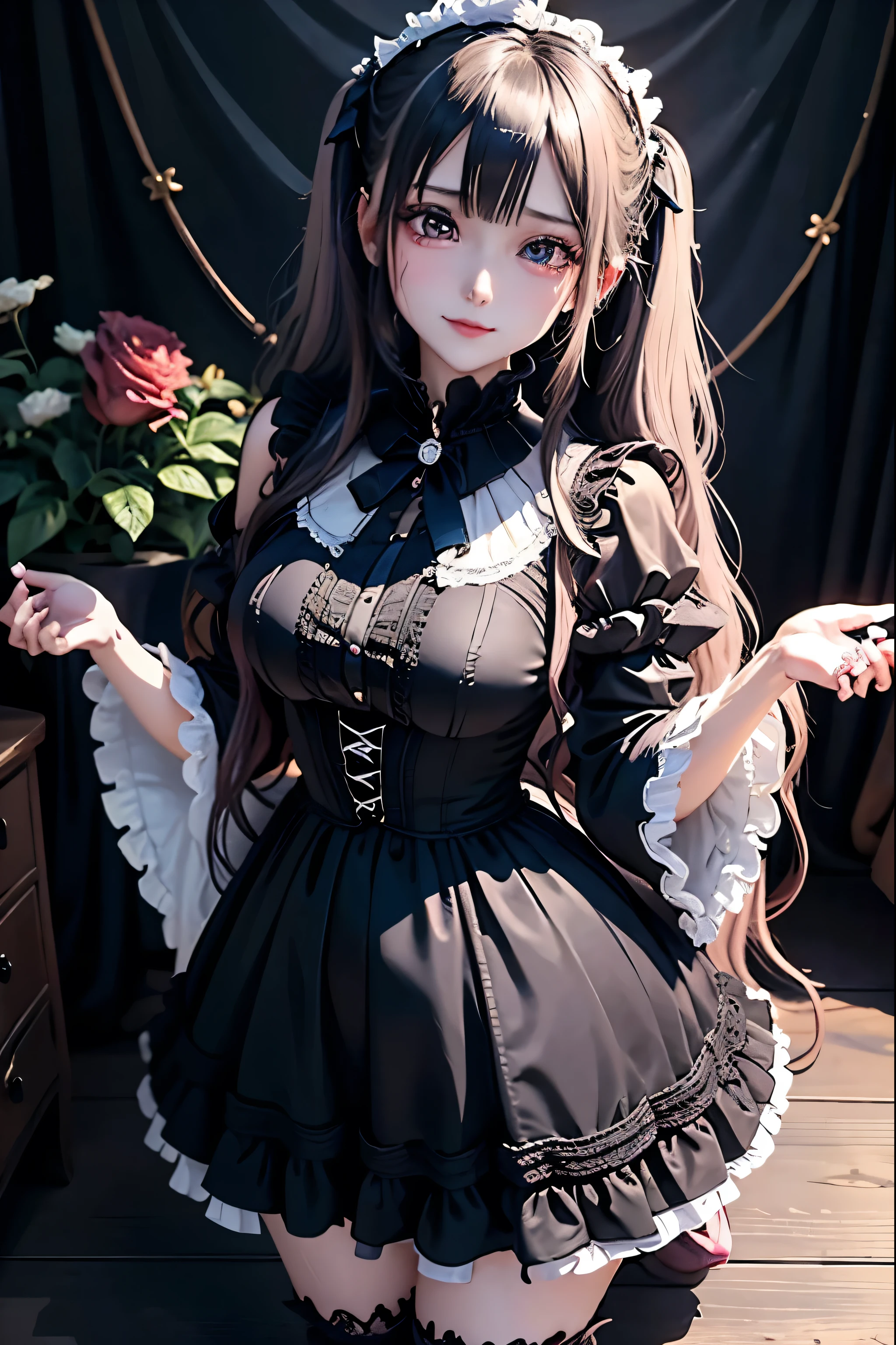 Hard Dark Gothic Makeup、Deep Night Sky、Horror、Black dark eyeshadow、cry、sad、Good skin radiance、Dark Gothicメイク、Dark smile、palace、The beauty of fragrance、24-years-old、Expressions of intense sexual pleasure、Embarrassed look、Dark Gothic、Obscene language、highest quality、Drunk face、紫のMaid clotheysterious、Noble、sexy、Loving smile、Twin tail hair、Right blue eye, Left eye is red、Platform Heel Shoes、Heavy makeup、Gothic Lolita Clothing、A little slimmer、Silver Hair、Long Hair Straight Hair、Cute Gothic Lolita Dress、Beautiful Face、elegant features、Fascinating face、Stained glass is the background、Chest glistening with sweat、The room is dark、goth long dress、Bell Sleeves、Wizard Sleeve、Decadent look、Sexually excited expression、Glossy thighs wet with water、Thighs that are wet and shiny with oil、Background of a room full of roses、sad expression、Rose Maiden、The embroidery is pink、The dress has pink embroidery、Thigh-high socks、Knee-high socks、Gentle expression、Dark black eyeshadow、Stained glass and rose background、Female Duo、Female couple、dark church background、Stained glass、Black metal world、Dark Castle、Dark Room、Slender body、upright、walk、Are standing、gothic long dresaid clothes、Victorian dresses、Her thighs glisten with sweat、My body is wet and shiny、Lots of glitter on the thighs、sweating、My thighs are sticky from sweating、Sweat glistens on the thighs, The whole body is sweaty and shiny、Quite sweaty、My thighs are sweaty、My thighs are so wet、My thighs are shining with sweat、A lot of sweat glistens all over the body、The thighs are the best、Thighs are glamorous、Small breasts、Playing guitar、Singing while playing the guitar、les paul guitar、Holding a guitar、Playing in a band、Playing guitar chords、