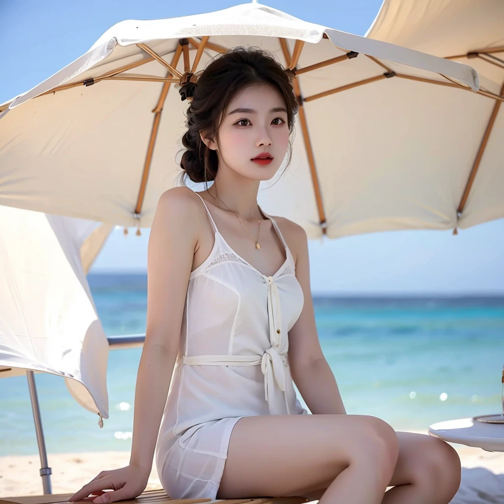 Woman sitting under parasol，The harsh sun，seaside，Beach