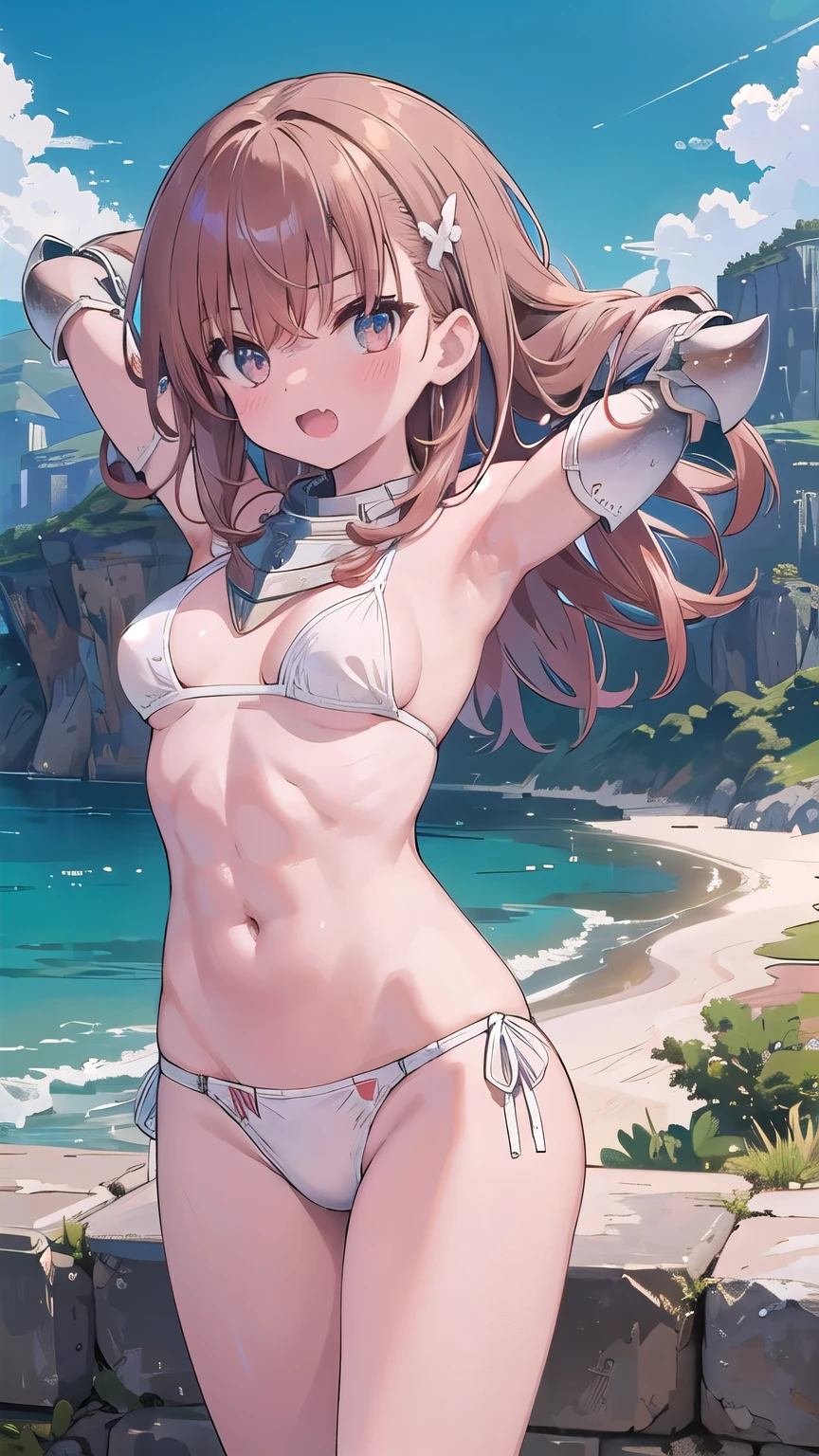  masterpiece, Mountainous Regions,   desert,  Misaka Mikoto, 1 girls, open mouth, organic , Ahegao, fang, Abdominal muscles,  Off the shoulder, ((((white bikini armor))), arms behind head 