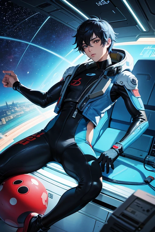 Anime guy sitting on the floor looking at the planet, vaqueiro espacial, cyber vaqueiro espacial, inspired by Josan González, Makoto Shinkai ( apex legends ), estilo de arte akira, estilo ross tran, akira vibes, estilo de arte akira, flutuando ao lado dos planetas, josan gonzales, sci - fi art!!!!!!!, josan gonzales!!!, in space, modern sci-fi anime  