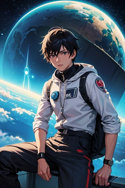 Anime guy sitting on the floor looking at the planet, vaqueiro espacial, cyber vaqueiro espacial, inspired by Josan González, Makoto Shinkai ( apex legends ), estilo de arte akira, estilo ross tran, akira vibes, estilo de arte akira, flutuando ao lado dos planetas, josan gonzales, sci - fi art!!!!!!!, josan gonzales!!!, in space, modern sci-fi anime  