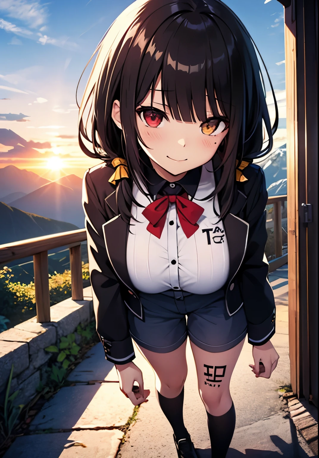 Masterpiece, high quality, ultra quality, best lighting, 1girl, ((tokisaki kurumi)), long hair, black hair, low twintails, monochrome, ((right red eye:1, left yellow eye:1)), black , ((black school uniform)), ((short pants)), ((big breast)), ((big thigh)), smile, blush, cute face, ((gesugao face)), standing, sexy body, sexy, tattooed full body, tattooed face, (((tattooed))),looking at viewer, large the breast, nsfw, (((mountain)))