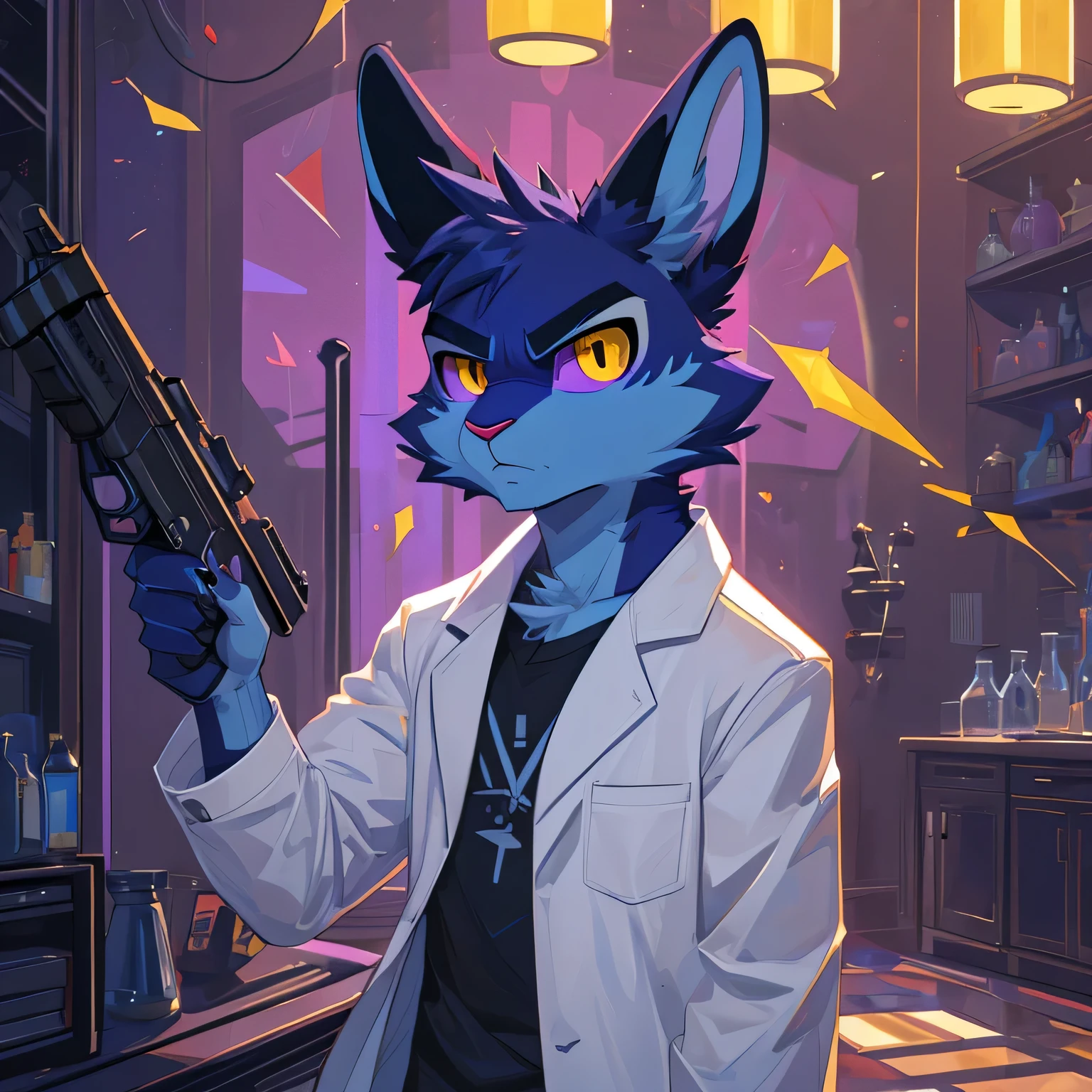 score_9, score_8_up, best quality, masterpiece, very detailed, high resolution, sharp, sharp image, detailed background, Rabbit, rabbit features, rabbit face, rabbit ears, rabbit full body, male, men, boy, angry, (((dark blue fur))), (((dark blue))), lab coat, (black t-shirt under lab coat), vivziepop, vivziepop art style, vivziepop lineart, (((yellow iris))), (((yellow sharp iris))), (((yellow))), (((purple sclera))), (((purple))), (((purple sharp iris))), helluva_boss background, helluva_boss, (((holding an gun))), (((gun)))