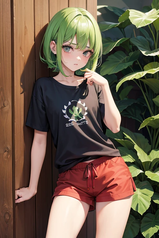 melhor qualidade, ultra high resolution, 1 menino, cabelo vermelho, olhos verdes, corpo curto e magro, vestindo uma camisa branca e shorts, ((Shy Expression)), plantacao de morango