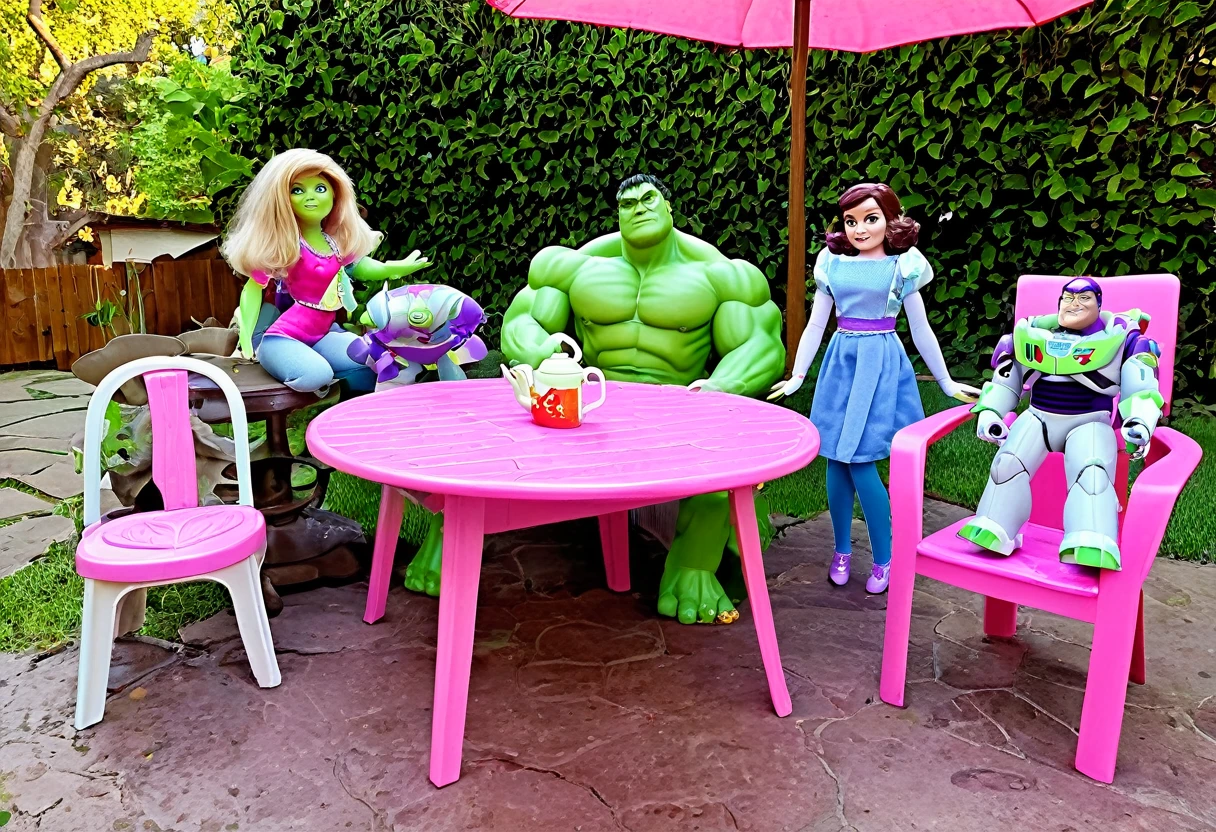 Pixar's Buzz Lightyear (plastic, Toyish), The Incredible Hulk (Plastic Toy) seated around a pink table with Rag Doll girls, set in a back yard, tea on the table