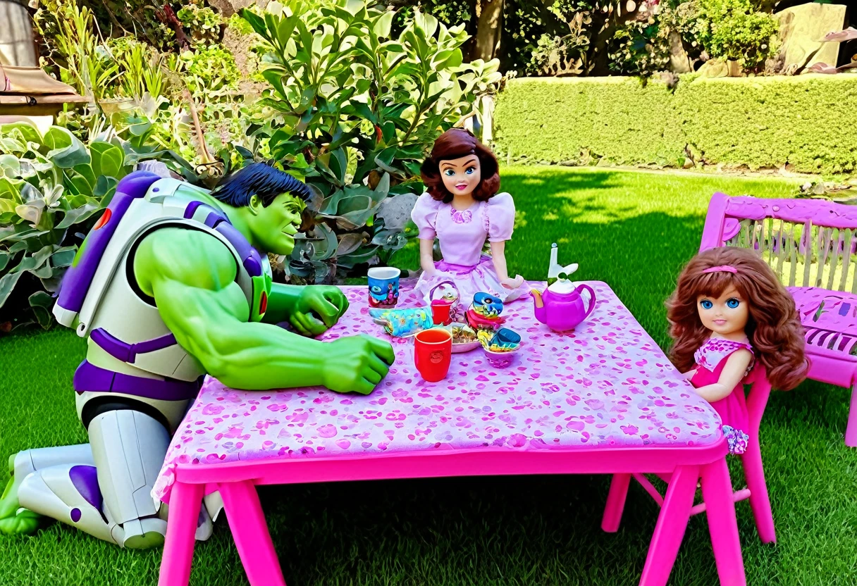 Pixar's Buzz Lightyear (plastic, Toyish), The Incredible Hulk (Plastic Toy) seated around a pink table with Rag Doll girls, set in a back yard, tea on the table