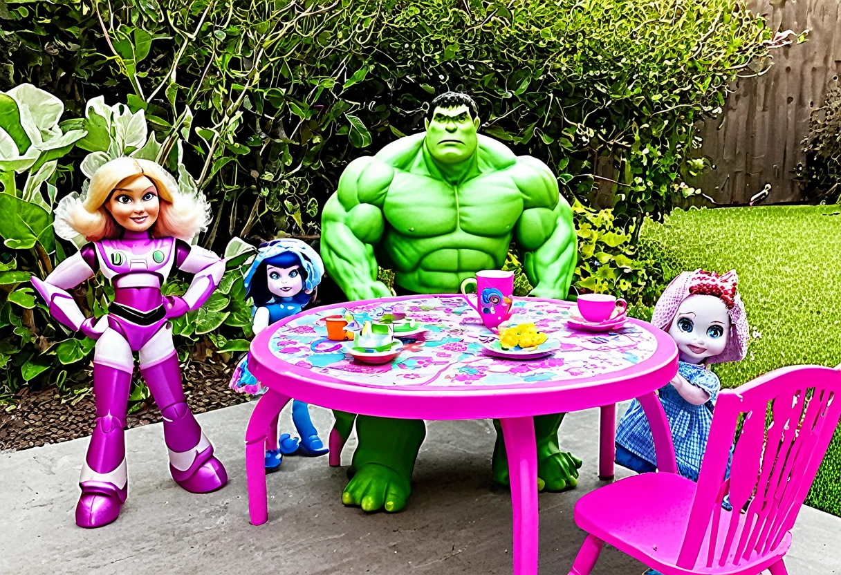 Pixar's Buzz Lightyear (plastic, Toyish), The Incredible Hulk (Plastic Toy) seated around a pink table with Rag Doll girls, set in a back yard, tea on the table