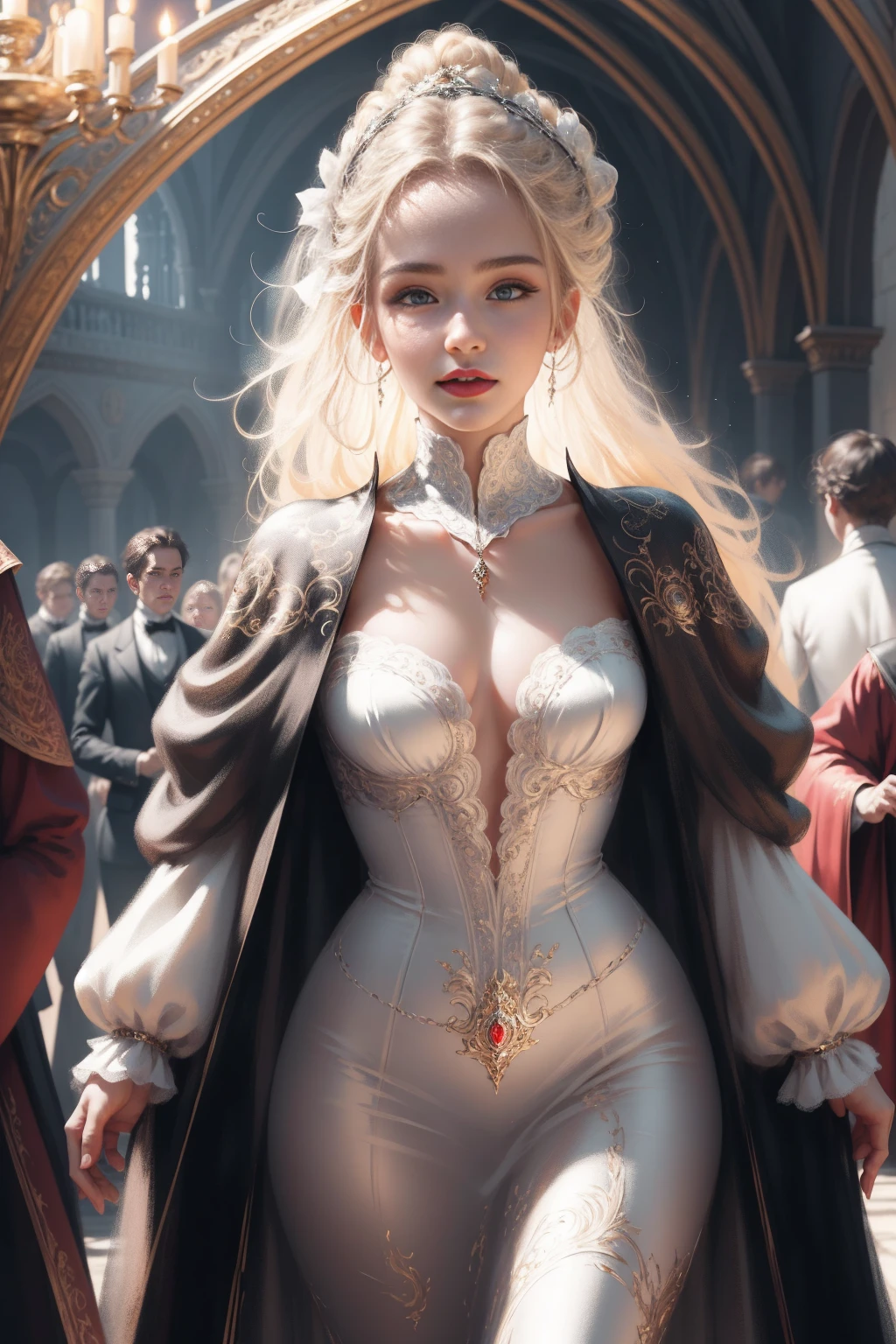 { - anatomy error}(Masterpiece - Ultra-detailed, very high resolution) Prepare to be enchanted by a true masterpiece that combines ultra-detailed art with high-resolution rendering. This work depicts a mesmerizing woman with very long blond hair (1.3) and captivating gray eyes (1.2), emanating an aura of elegance and mystery in Victorian settings. The intricate details and realistic textures invite you to explore every aspect of this enchanting composition. Woman wearing beautiful classic Victorian costume from the year 1878. Red lips. Happy face. Smiling. white (white) dress. Walking, backwards, looking back, dynamic poses. Get ready to dive into a world where beauty and craftsmanship merge perfectly.