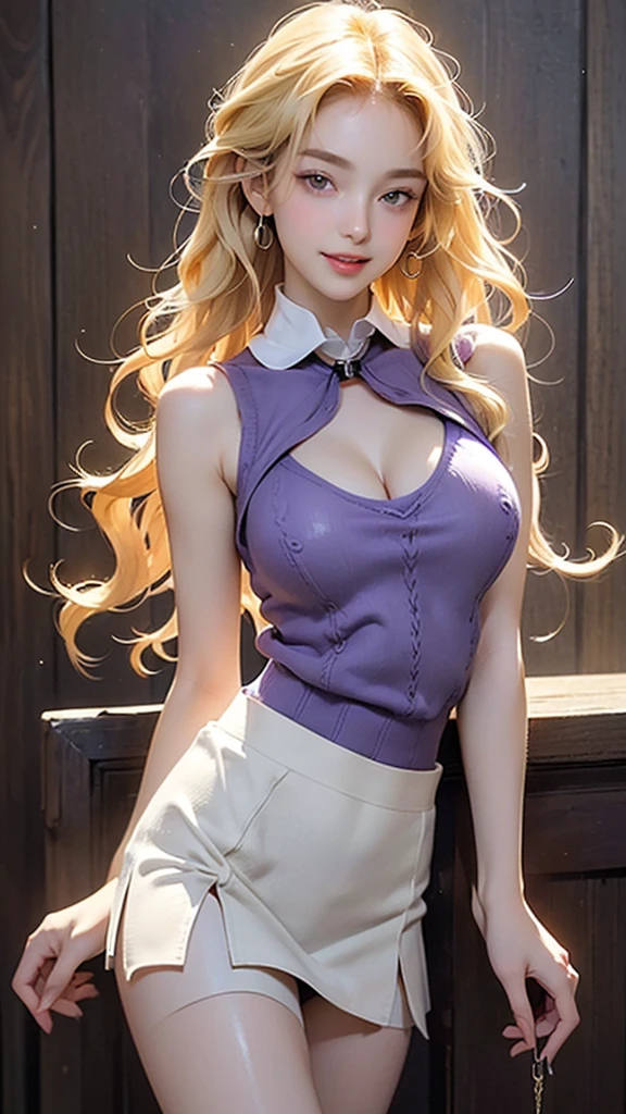 (masterpiece:1.3), high resolution, Super detailed, Extremely detailed CG unified 8k wallpaper, Practical, photo-Practical, original photo, Beautiful and delicate face, Pale skin, Practical glistening skin, Fine fabric texture, Fine hair texture, Perfect body, Pretty Face, precise, Anatomically correct, Highly detailed face and skin textures, Natural neck length, (beautiful hands), (White skin:1.2), Thin legs, Slim feet,
rest,
Delicateeyes, Symmetrical eyes, Light brown eyes, Double eyelids, Thin eyebrows, (Glossy lips:1.4), (Smile gently:1.2),
rest,
(National Foundation:1.2), (An elegant and cute girl:1.3), (1 girl, A girl), ((Wearing a purple sleeveless keyhole collar mid-waist sweater:1.3)), (White Pleated Miniskirt), (boots), (wear glasses:1.1),
(Huge breasts:1.4 Huge breasts:1.4,Full, straight breasts,Showing cleavage,Nipple protrusion,Belly button,Thigh straps,Wear black), Beautiful clavicle,
(Blonde Hair, curls, long hair:1.3), ((Asymmetrical bangs:1.2)),
rest,
((Strolling along Marunouti's office street, japan night:1.3)), (from the side:1.2), (Side-viewing observer:1.2), ((focus on face:1.2)), (full-body shot:1.2),,(Huge breasts:1.2),Moist skin