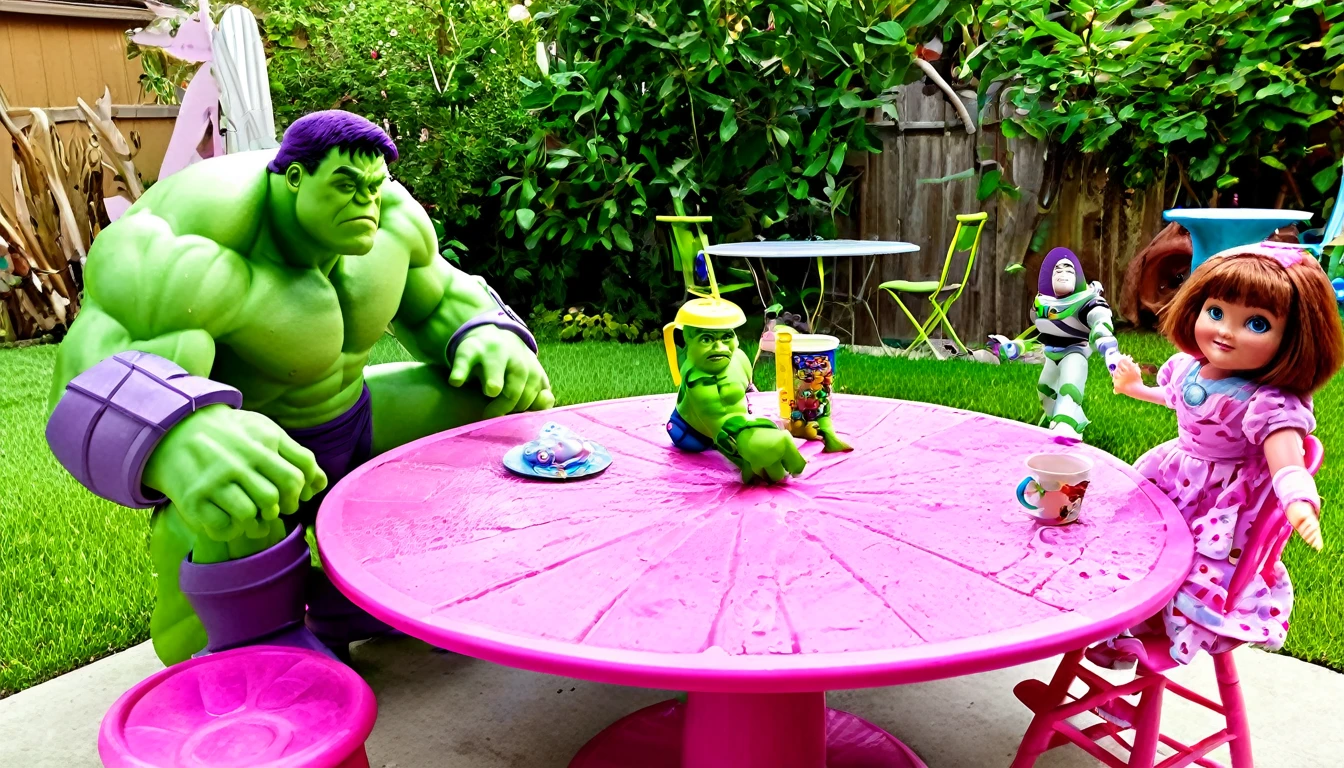Pixar's Buzz Lightyear (plastic, Toyish), The Incredible Hulk (Plastic Toy) seated around a pink table with Rag Doll girls, set in a back yard, tea on the table
