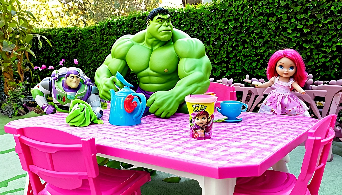 Pixar's Buzz Lightyear (plastic, Toyish), The Incredible Hulk (Plastic Toy) seated around a pink table with Rag Doll girls, set in a back yard, tea on the table