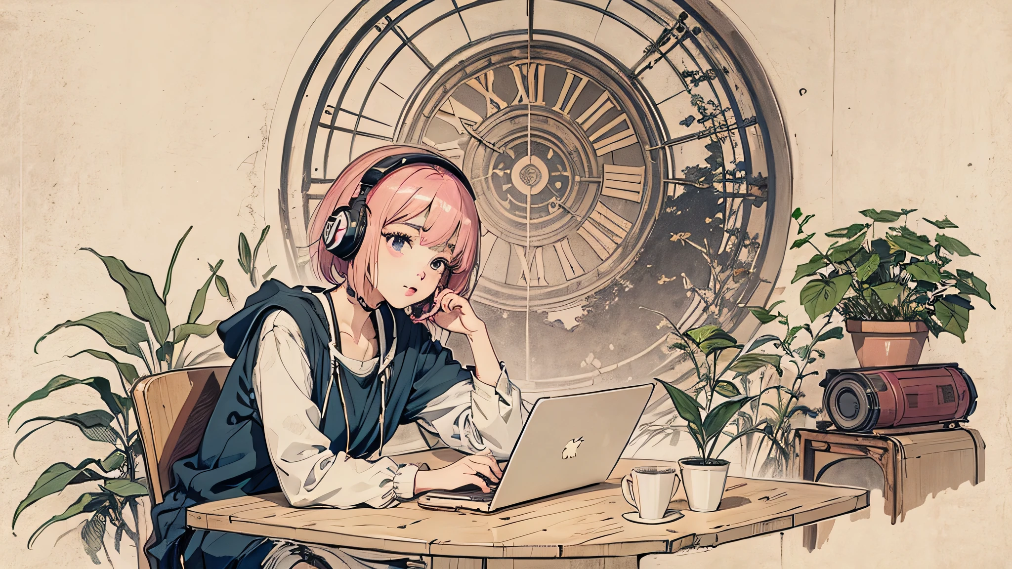 1 girl, 90s anime style, Anime girl sitting at table with laptop and headphones, Image inspired by Satoshi Imado, region: Rio de Janeiro, tumbler, Art Nouveau, praise-girl, praise artstyle, praise girl aesthetic, praise art, praise hip hop, praise color, praise feel, praise, praise vibes, praise aesthetic, Lofivibe, praise portrait,masterpiece,Detailed explanation,Pink Hair,Short Bob