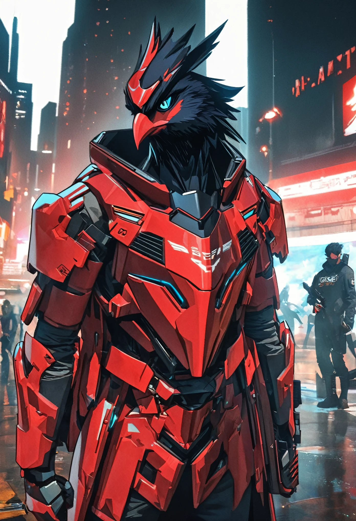 masterpiece, best quality, high res, solo, solo focus, scoundrel, male focus, half-falcon humanoid, (falcon's head), there is a man in a red suit holding a gun, dl44blstr, jett from valorant, badass anime 8 k, Inspired by Ryusei Kishida, falco lombardi from starfox, crow in cyber armour, akira art style, red uniform, crimson attire, tactical radio, red bird, akira style illustration, red armor, akira artstyle, Los Angeles backdrop, cyberpunk atmosphere.