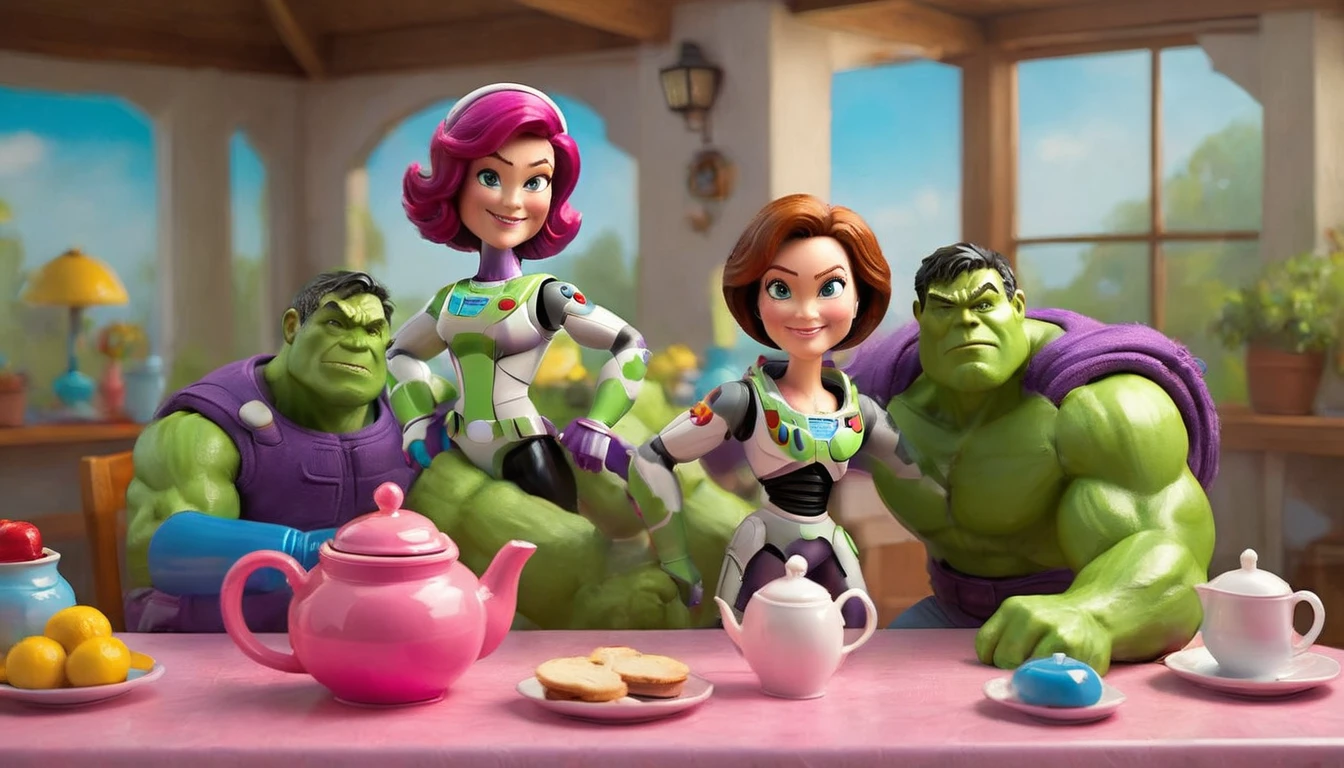 a Buzz Lightyear action figure, The Incredible Hulk plastic toy figure, rag doll girls, pink table, backyard setting, tea set on table, photorealistic, 3D render, highly detailed, studio lighting, vibrant colors, glossy plastic textures, dynamic pose, whimsical, playful atmosphere