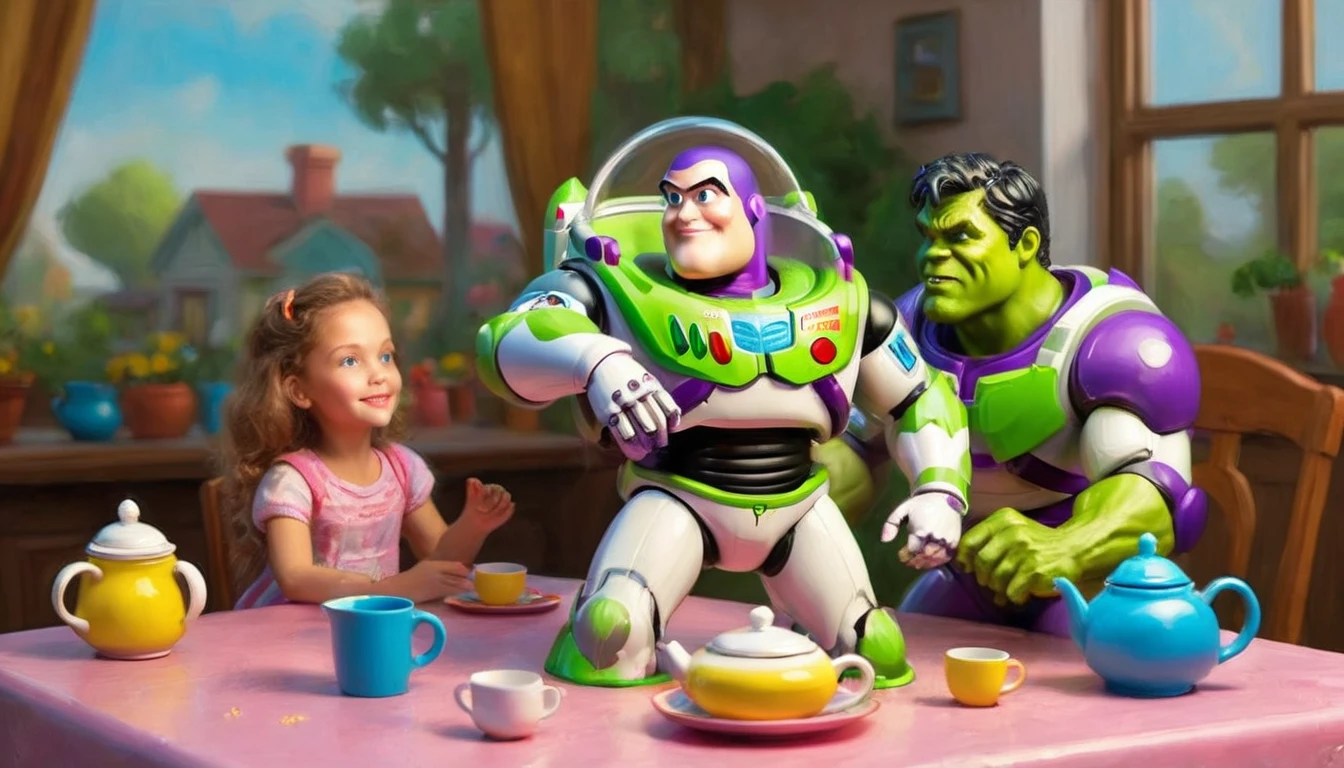 a Buzz Lightyear action figure, The Incredible Hulk plastic toy figure, rag doll girls, pink table, backyard setting, tea set on table, photorealistic, 3D render, highly detailed, studio lighting, vibrant colors, glossy plastic textures, dynamic pose, whimsical, playful atmosphere