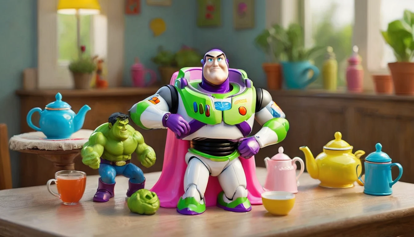 a Buzz Lightyear action figure, The Incredible Hulk plastic toy figure, rag doll girls, pink table, backyard setting, tea set on table, photorealistic, 3D render, highly detailed, studio lighting, vibrant colors, glossy plastic textures, dynamic pose, whimsical, playful atmosphere