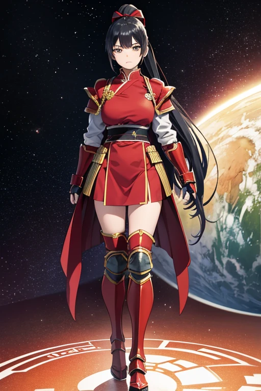 Anime drawings、Full body portrait、Space SF General、A well-built woman, standing upright, about 180cm tall, about 48 years old, wearing red armor、Glaring expression、Long straight hair tied up in one ponytail、Black Hair、Wearing Japanese-style red body armor, gauntlets, and shin guards、Wearing a red hakama