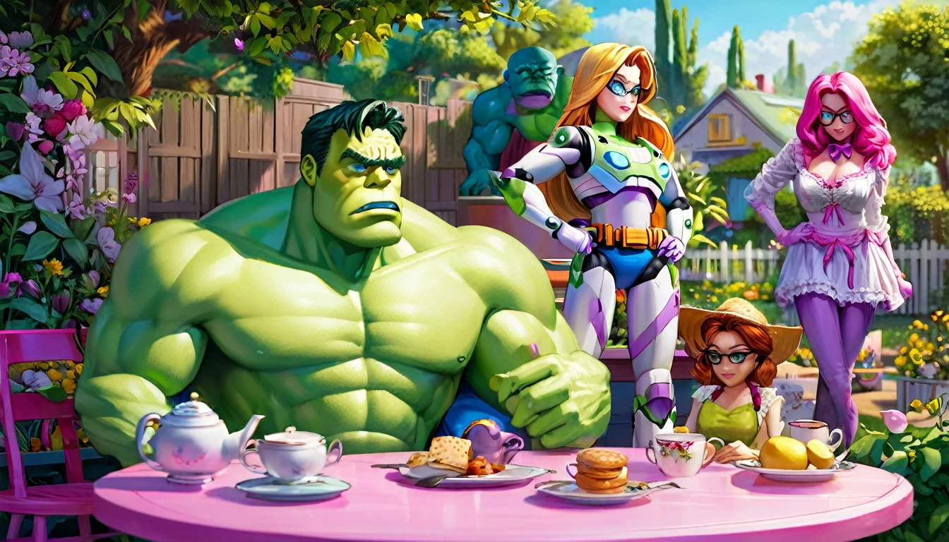 A plastic toy Buzz Lightyear, the Incredible Hulk plastic toy seated around a pink table with rag doll girls, set in a backyard, tea on the table, highly detailed, 8k, hyper realistic, colorful, whimsical, soft lighting, vibrant colors, photorealistic, intricate details, dynamic composition, cinematic lighting, masterpiece