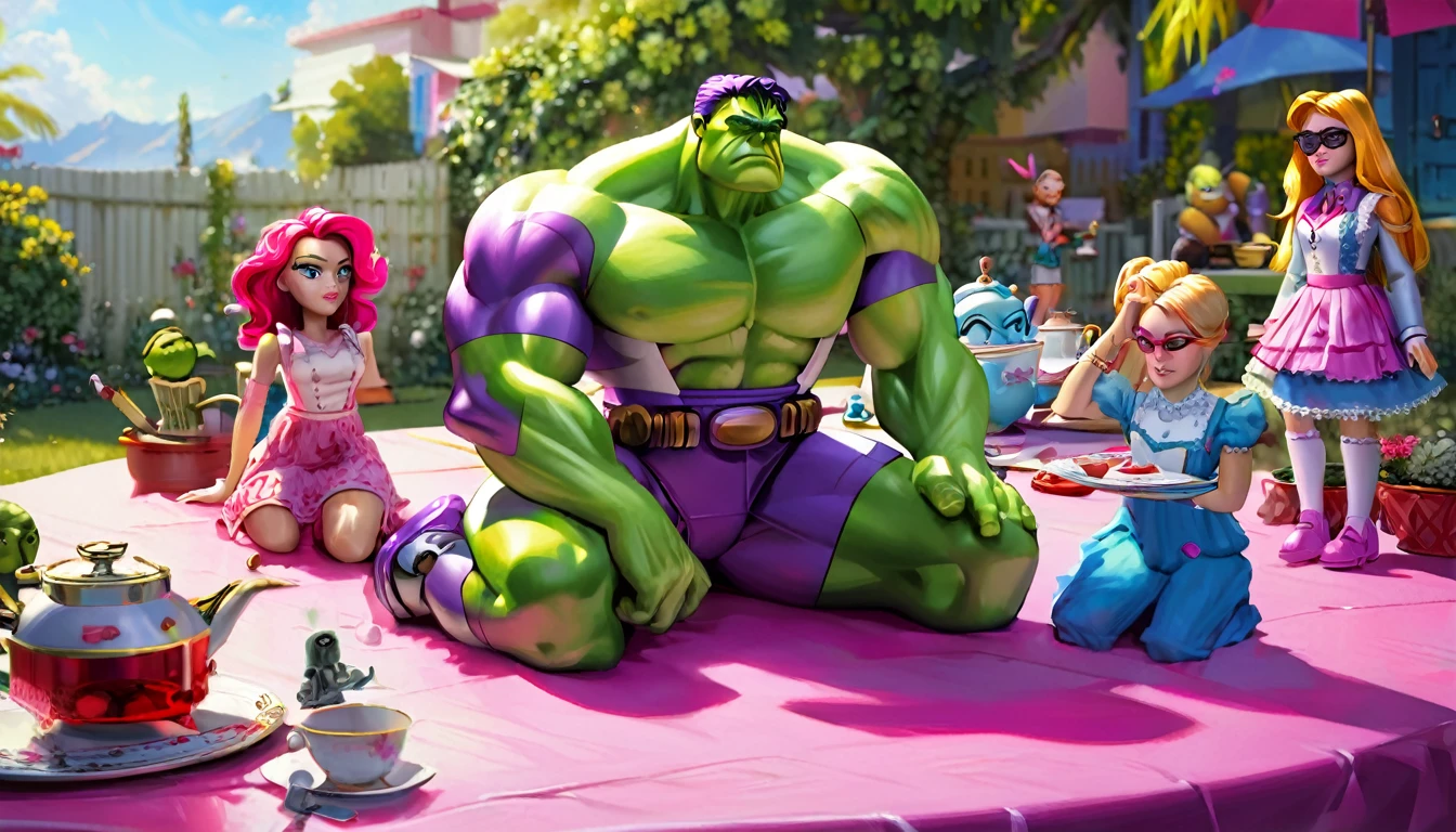 A plastic toy Buzz Lightyear, the Incredible Hulk plastic toy seated around a pink table with rag doll girls, set in a backyard, tea on the table, highly detailed, 8k, hyper realistic, colorful, whimsical, soft lighting, vibrant colors, photorealistic, intricate details, dynamic composition, cinematic lighting, masterpiece