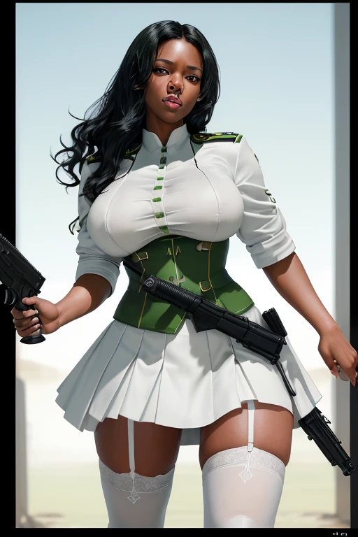 highly detailed woman, 1girl, military uniform, beautiful face, black hair, large breasts, white stockings, short green skirt, holding gun, revealing breasts, photorealistic, hyper detailed, 8k, cinematic lighting, dramatic pose, intricate details