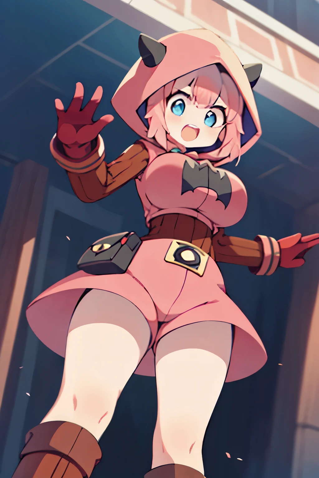 (1girl in:1.2), (Solo:1.2) 、nffsw、Shaders、Brilliant Textured Work、Ultra-detailed eyes、ultra-intricate pupil in eyes、top-quality、Full body standing picture、pkmntmg 、(fake horns, hoodie, red shorts, gloves, red boots) 、long hair, (pink hair:1.5), sadistic smile、 from below, open mouth, huge breasts, put your hands up,