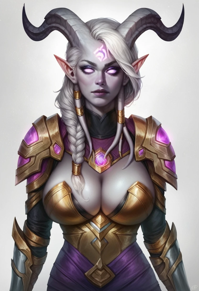 score_8_up, score_7_up, fullbody shot of beautiful lightforged draenei paladin girl, long white hair, single braid, heavy armor with purple gems, big shoulder pads, grey skin, ornate horns, glowing rune on forehead, big breasts, fantasy, ，irmnk style, realistic