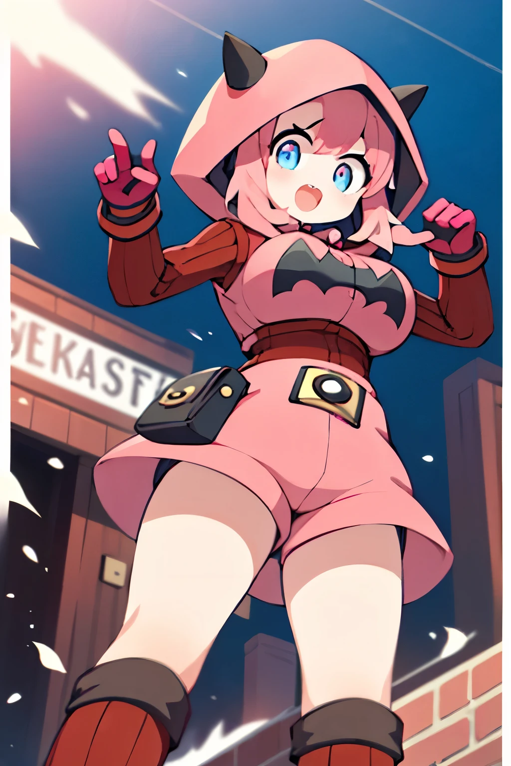 (1girl in:1.2), (Solo:1.2) 、nffsw、Shaders、Brilliant Textured Work、Ultra-detailed eyes、ultra-intricate pupil in eyes、top-quality、Full body standing picture、pkmntmg 、(fake horns, hoodie, red shorts, gloves, red boots) 、long hair, (pink hair:1.5), sadistic smile、 from below, open mouth, huge breasts, put your hands up,