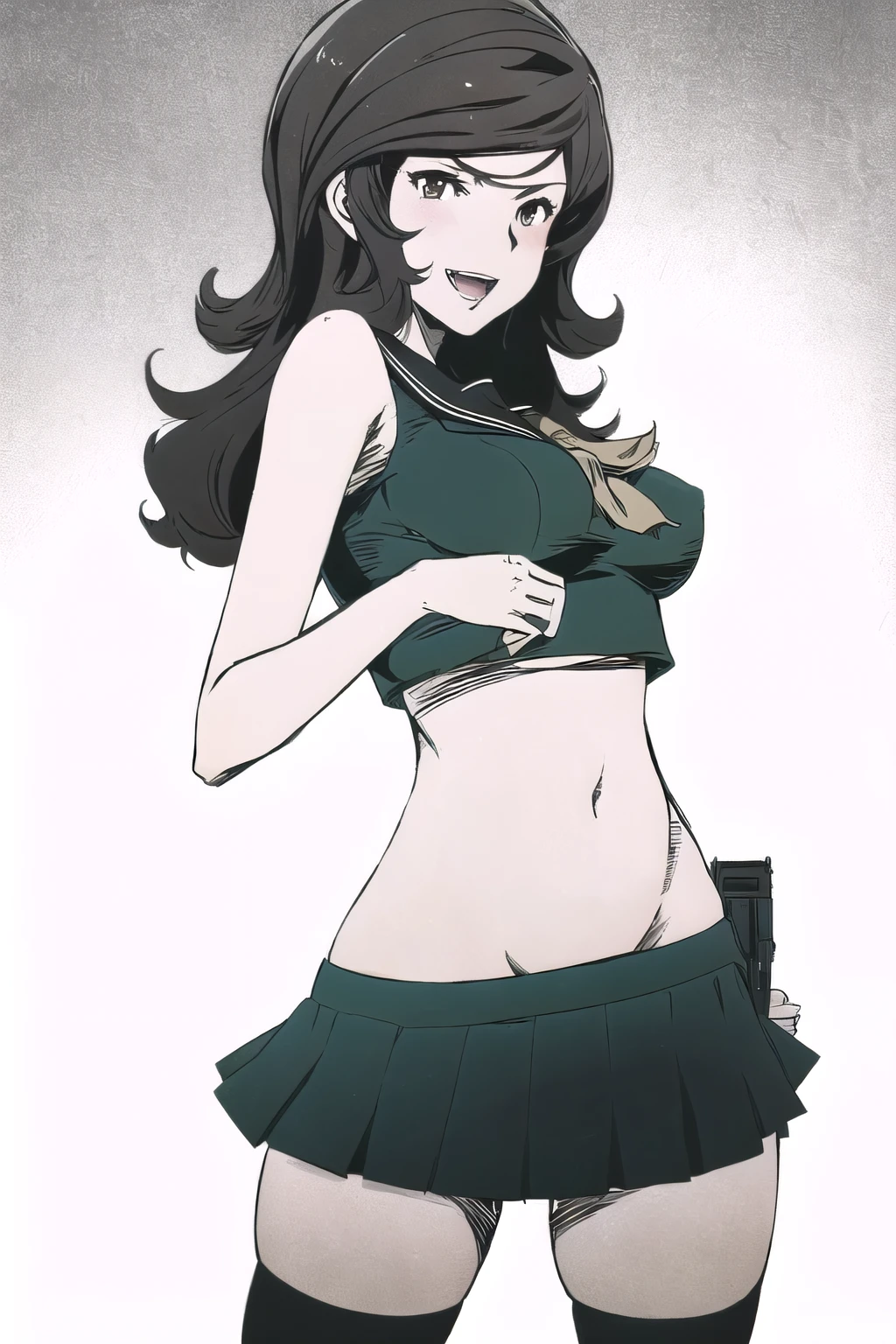 Mine Fujiko, large_breasts,  seductive_smile, brown hair, , blush, lipstick, masterpiece, best quality, highly detailed, a anime girls in sailor uniforms with a gun posing for a picture,  evil smile, smile, open mouth,black_serafuku, ecchi anime style, anime girls , (nsfw) not safe for work,  ecchi style, ecchi, shipgirls, digital anime art!!, high school girls, holding a gun, hold a gun, anime style 4  k, micro skirt, exposed belly, exposed navel, exposed midriff,  exposed lower belly,school, classroom, 