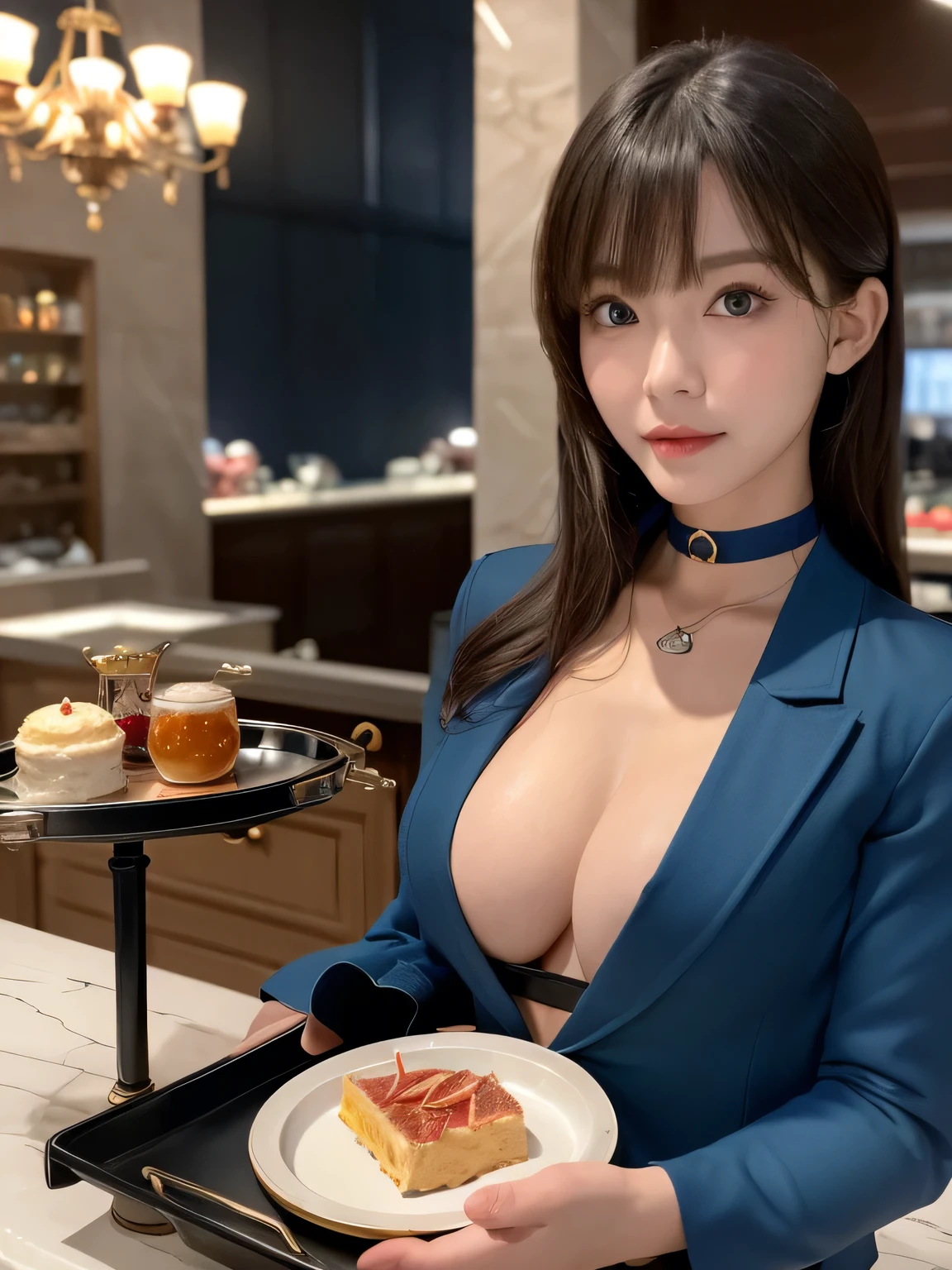 (highest quality, masterpiece:1.3, 超A high resolution), (Super detailed, Caustics), (Realistic:1.4,RAW shooting,)Ultra-Realistic Capture,Very detailed,High resolution 16k, Human skin close-up, The skin texture is natural, It must be detailed enough to be easily identifiable.。 Skin should look healthy and have an even tone。 Use natural light and color, ((Dark Blue Blazer:1.4)), ((The body is slim)), girl, Japanese, 18-year-old, cute, Long Hair, Big Breasts, smile, Turn your body forward, (View from the front:1.1), Looking into the camera,vision, focused on the chest, Light Brown Hair, ((Black choker)), Very long, bushy eyelashes, blue eyes, bangs、Luxury hotel lounge, Marble wall, sofa, ((Swords on a tray, luxurious counter, Over the counter:1.4)), Big Breasts, Red Lip