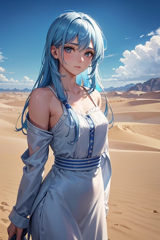 Lindamente desenhado, alta qualidade, ultra-detailed CG illustration of a young man with a serene expression, looking into the distance with her stunning light blue hair gently swaying in the desert breeze. The scenery behind him is vast and breathtaking, drawing viewers into a world of wonder and exploration.