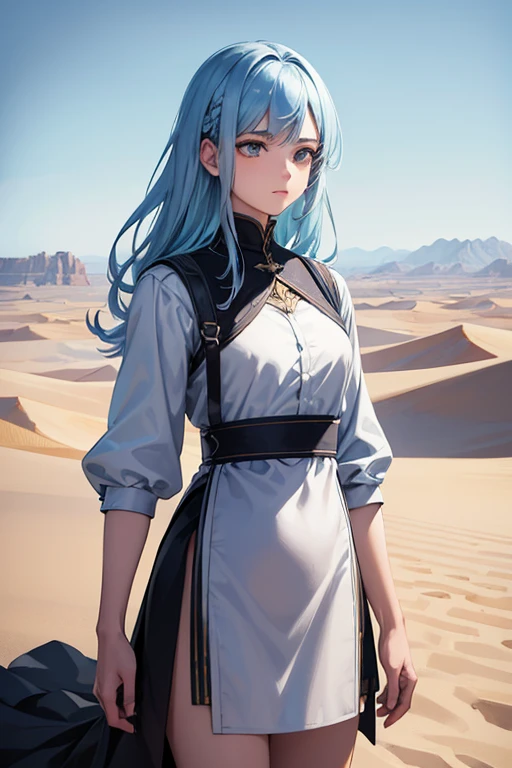 Lindamente desenhado, alta qualidade, ultra-detailed CG illustration of a young man with a serene expression, looking into the distance with her stunning light blue hair gently swaying in the desert breeze. The scenery behind him is vast and breathtaking, drawing viewers into a world of wonder and exploration.