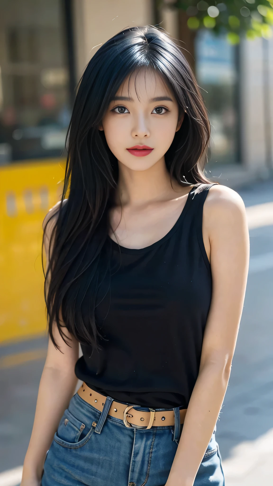masterpiece, top-quality, 1 beautiful girl, (Detailed beautiful eyes), ((Detailed skin)) , ((Detailed medium dark blue hair )), A beautiful girl in colorful tank top, orange tank top, red down tank top, and hight waist short jean, CG rendering, Blurred background, deep shadow, 16K, bokered, Very detailed, wallpaper, depth of field, movie light, Ray tracing.