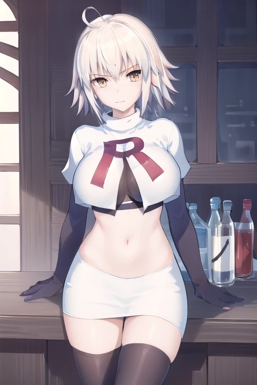 ((masterpiece, best quality,distinct image)), 1girl,solo, jeanne d'arc alter, large breasts, ahoge,looking at viewer, cowboy shot, team rocket,team rocket uniform,white skirt,red letter R,crop top,black thigh-highs,black elbow gloves