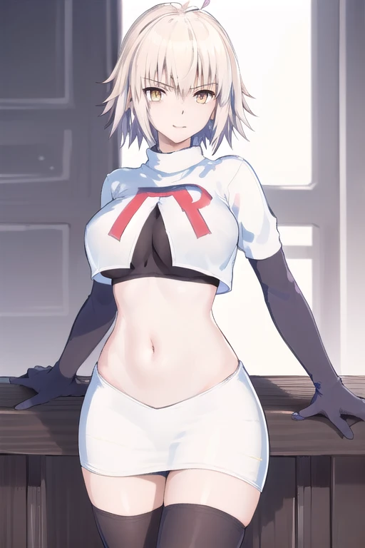 ((masterpiece, best quality,distinct image)), 1girl,solo, jeanne d'arc alter, large breasts, ahoge,looking at viewer, cowboy shot, team rocket,team rocket uniform,white skirt,red letter R,crop top,black thigh-highs,black elbow gloves