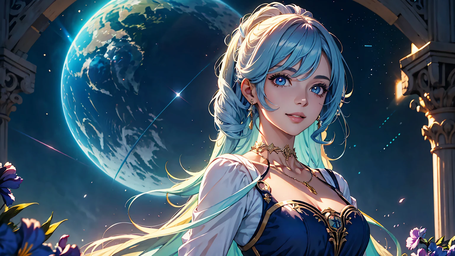 Arte de anime Genshin Impact: Woman in a setting of ancient ruins and a giant tree in the background and starry sky, filled with distant galaxies and sparkling celestial bodies, evocando outro mundo. Romantic Era. Deep and dramatic atmosphere, mesclando fantasia e realidade. She is adorned with necklace and choker. clear and sharp eyes: irises with vibrant and detailed colors, pupilas bem definidas, brilho natural refletindo a luz, clear and distinct iris edges, long, well-shaped eyelashes, sobrancelhas bem cuidadas, linhas finas ao redor dos olhos. flowing hair. Olhar meigo e provocante, sorriso encantador. playful expression, maquiagem estilosa, longos cabelos loiros fluindo ao vento, olhos sedutores, Glossy lips, pose sexy, sorrindo de forma confiante e sedutora. Postura ousada e determinada, dynamic pose, encarando diretamente o espectador. posing for a professional photo shoot. very high quality image, com detalhes ultra-detalhados e realistas. Vibrant colors and ethereal lighting. Paisagens imaginativas, horizonte expansivo, dramatic lighting. Cores brilhantes e vibrantes, studio lighting, profundidade de campo rasa, destacando o assunto principal, soft natural lighting, Creating a dreamlike and magical atmosphere. 