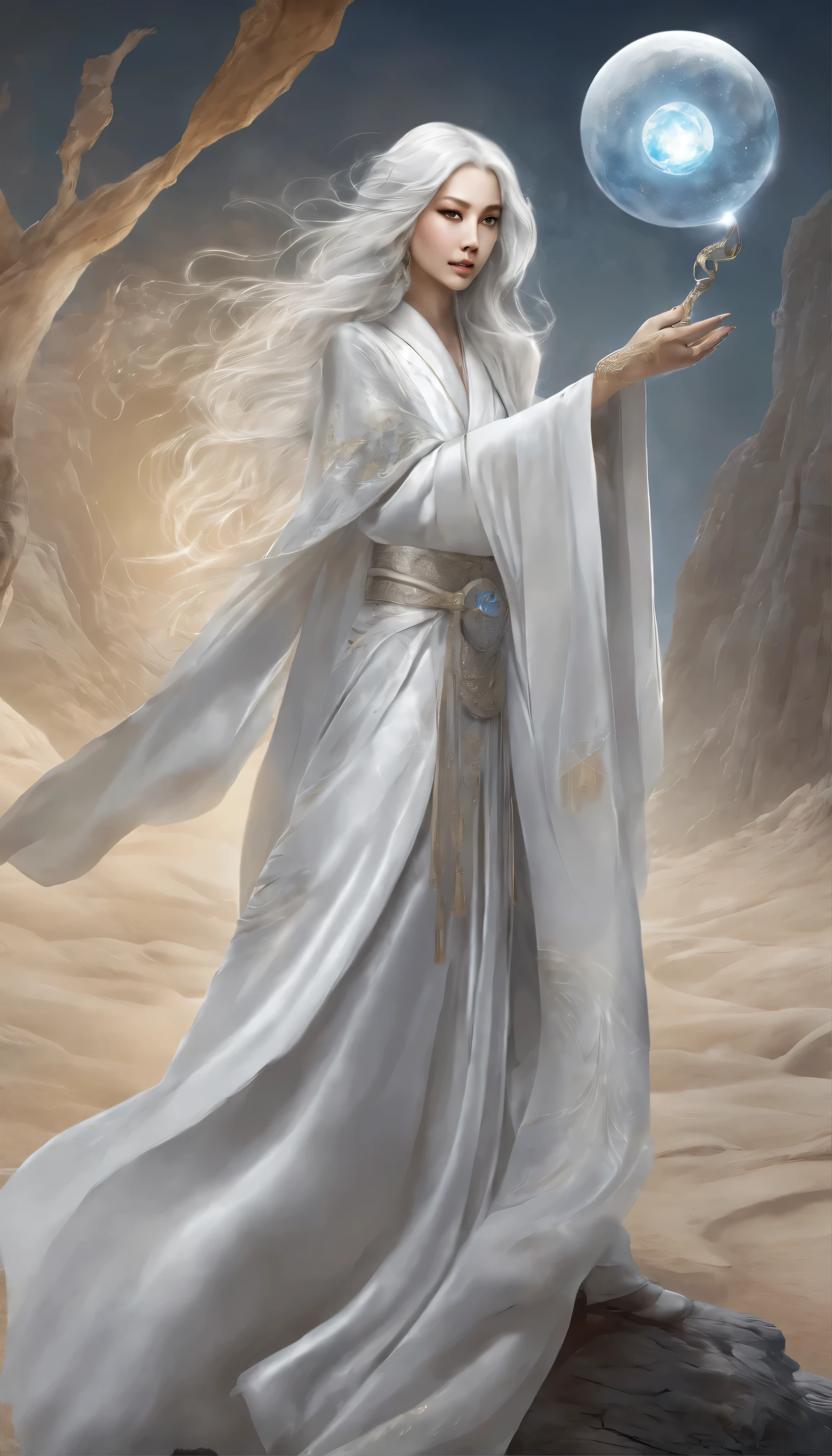 masterpiece、peerless、single、1 person、Beauty、like々Young teenager、Elven Wizard、slim、Ageless elegance、Long silver hair、Swirling grey pupils、Luminous floating sphere、White silk robe、Detailed robe、Relaxing in solitude、Desert detailed background。 The wizard in his intricate white robe、It has emerged as a timeless symbol of power.、Long silver hair flows gracefully、It frames the distinctive symmetrical lines of the face.。Grey pupils sparkling with ancient wisdom、It seems to be dancing, shimmering in the light。