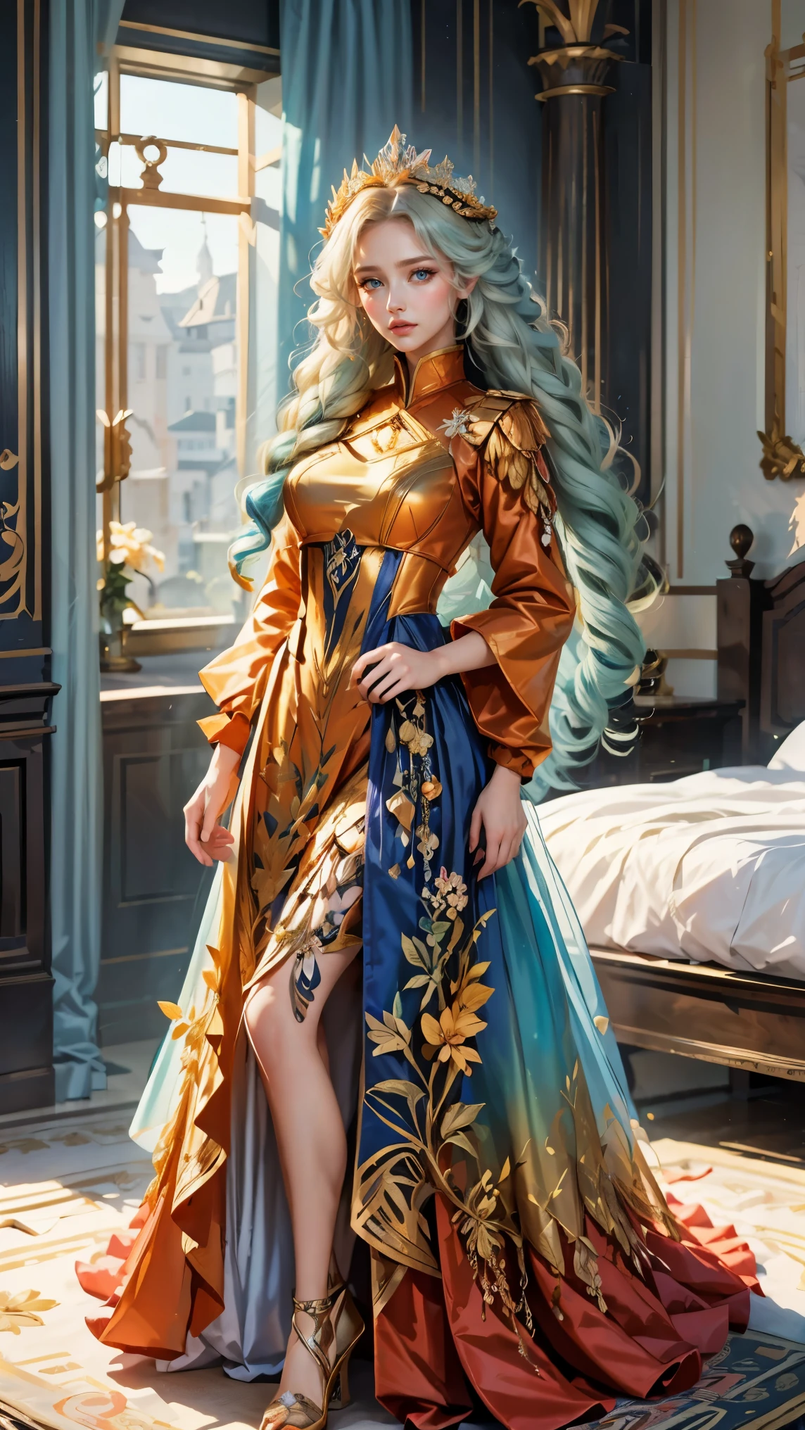 Best quality, masterpiece, ultra high res, raw photo, beautiful and aesthetic, deep shadow, fairy theme,(ultra detailed:1.3),
1girl, standing pose, flower headdress, drill hair, long hair, blonde hair, gradient hair, yellow eyes, solo, huge breasts, big hair, blue hair, divine goddess, looking at viewer, indoors, queen bedroom, empress bed, room full of curtain, astraea, full body, red dress, puffy jacket, uniform dress,