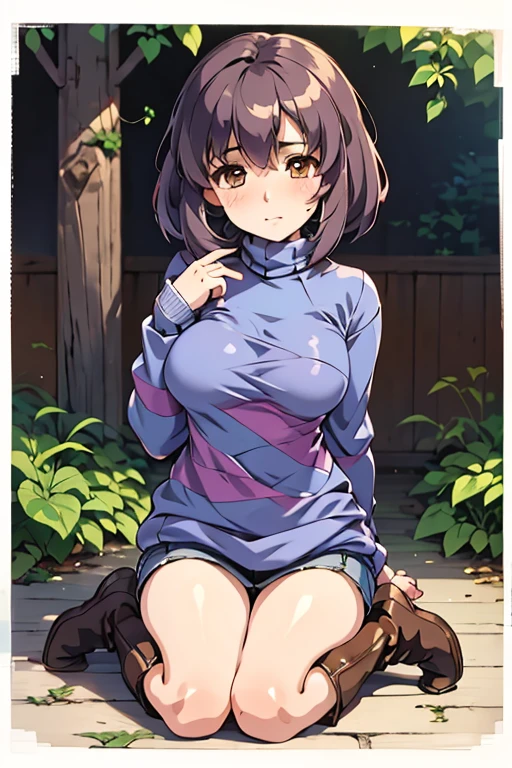 (obra maestra, mejor calidad), 1 chica, Fresco, canon, SFW, ((Striped sweater)), turtleneck, bermudas, botas, by the chestnut, cabello corto, golpes