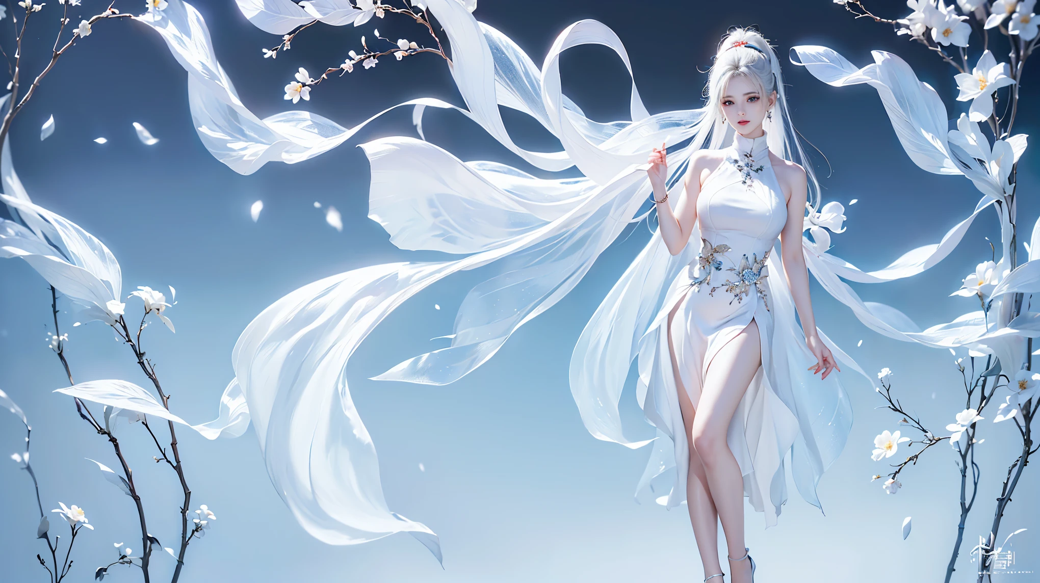 ((Full body image))((masterpiece:1.5、8k、Portraiture、Photorealistic and very detailed CG、Very detailed、Particle Effects、Dynamic Effects、Written boundary depth、Cinematic Light、Lens flare、Ray Tracing、Tabletop、Realistic:1.4、超A high resolution:1.2、Realistic、Realistic))((alone、,Woman in turtleneck dress:1.4、Model-like pose:、Side bust、Ample breasts、Detailed face、brightexpression、young, bright, Whiter skin、Best Looks、Ultimate beauty、White hair with shiny highlights:1.8、bright and shiny hair,、Super long, Silky straight hair、Hair swaying in the wind))(Wonderful transparent flower々Surrounded by、White Background、Great background、Thin petals fluttering down)